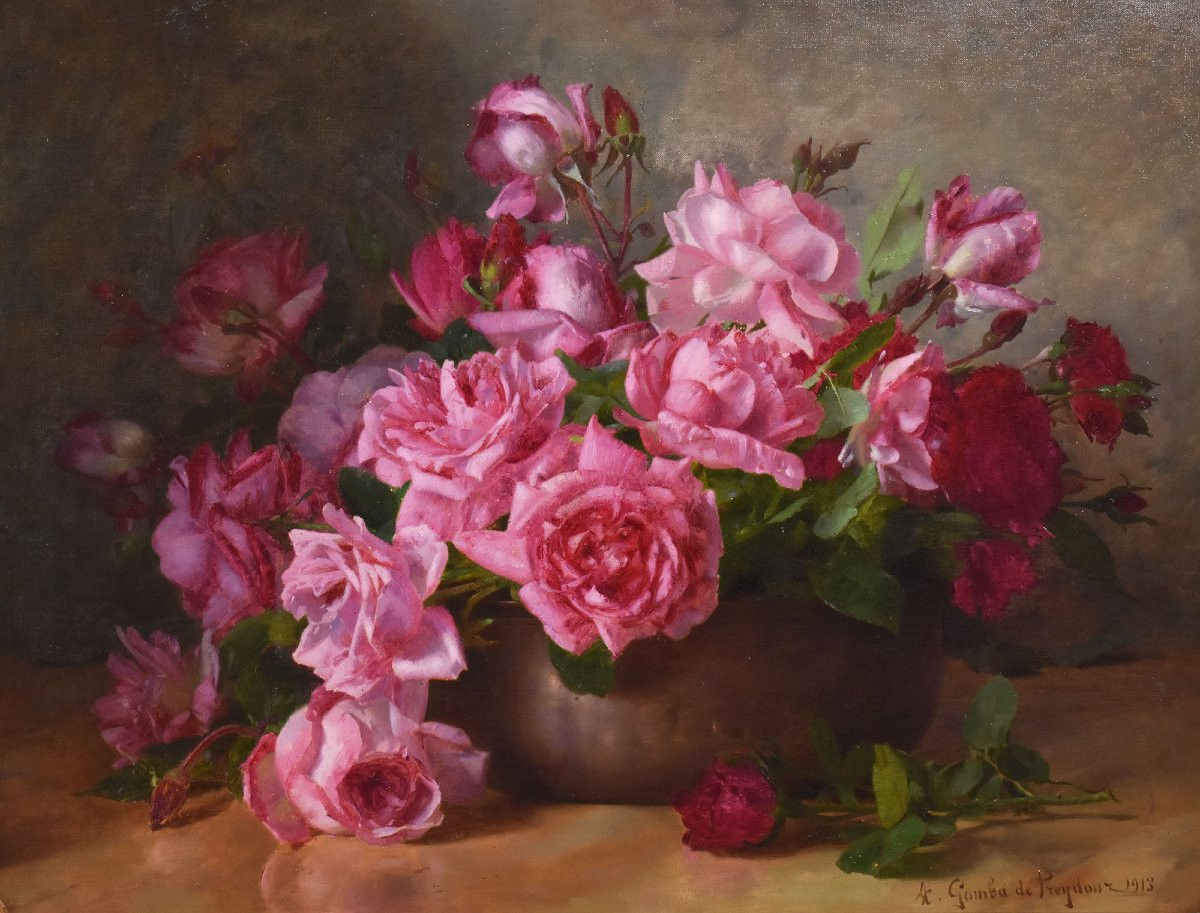 DIPINTI ANTICHI CON FIORI DI ROSE ROSSE, NATURE MORTE, OLIO SU TELA, PRIMI DEL XX. (QF661)-photo-3