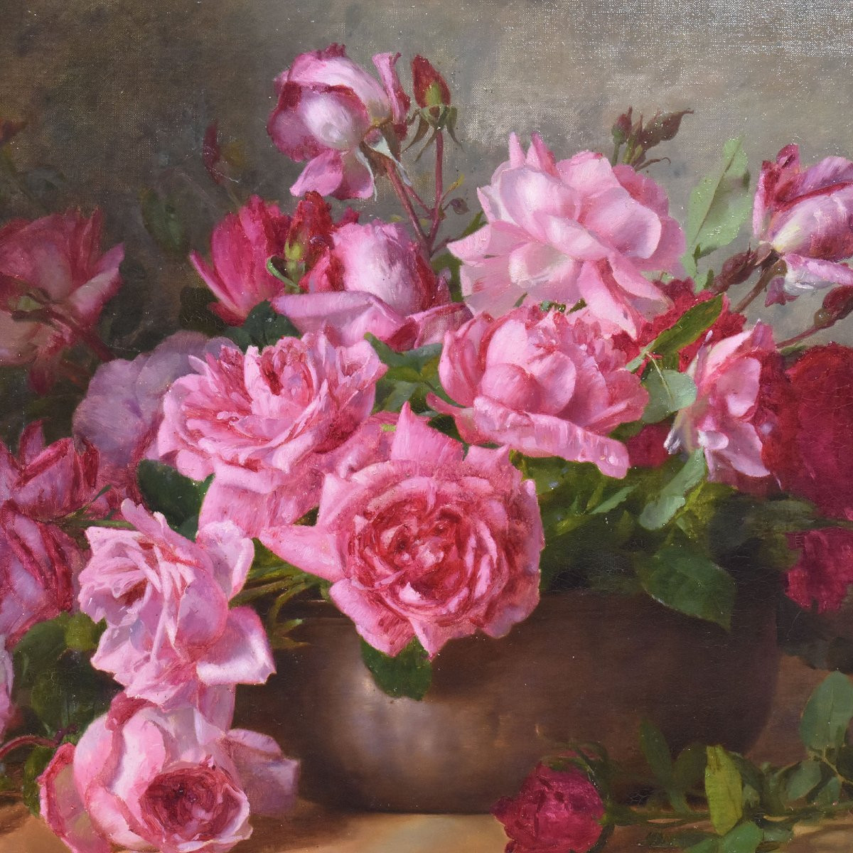 DIPINTI ANTICHI CON FIORI DI ROSE ROSSE, NATURE MORTE, OLIO SU TELA, PRIMI DEL XX. (QF661)-photo-4