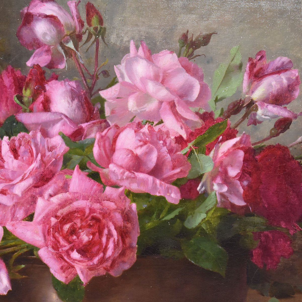 DIPINTI ANTICHI CON FIORI DI ROSE ROSSE, NATURE MORTE, OLIO SU TELA, PRIMI DEL XX. (QF661)-photo-1