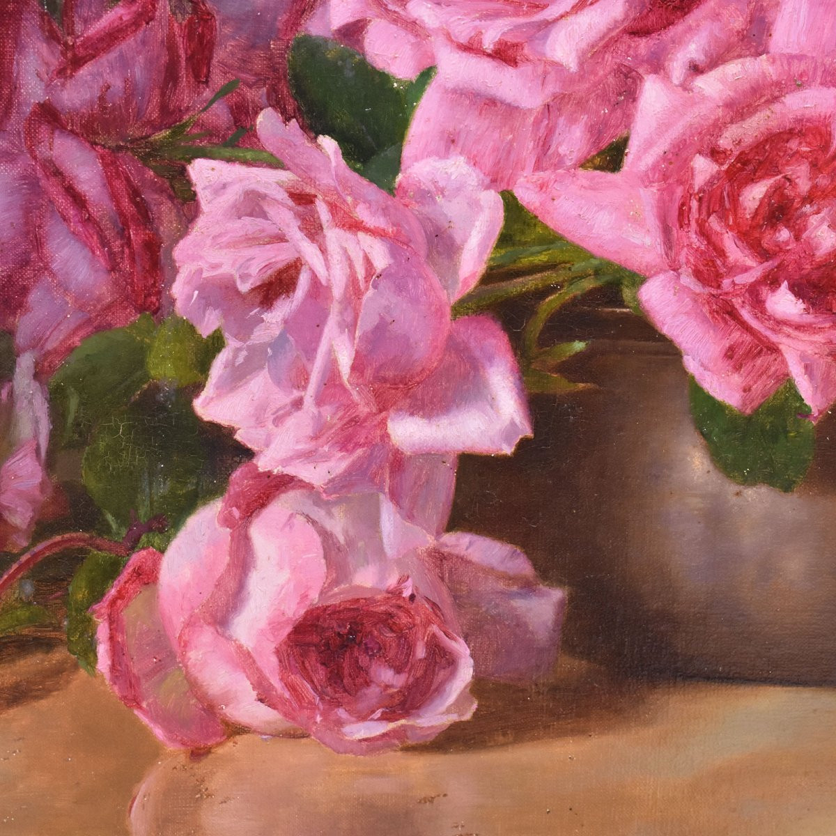 DIPINTI ANTICHI CON FIORI DI ROSE ROSSE, NATURE MORTE, OLIO SU TELA, PRIMI DEL XX. (QF661)-photo-2