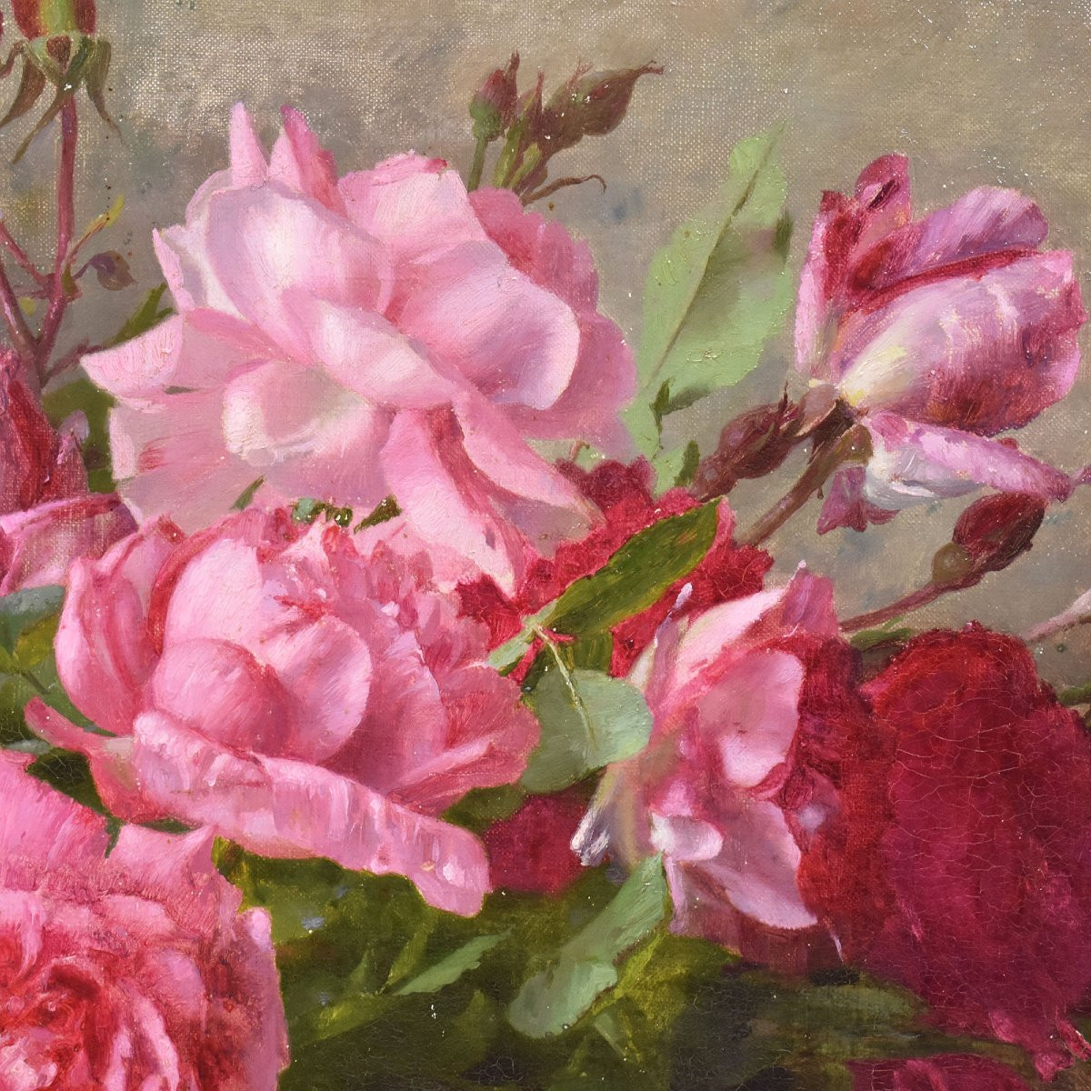 DIPINTI ANTICHI CON FIORI DI ROSE ROSSE, NATURE MORTE, OLIO SU TELA, PRIMI DEL XX. (QF661)-photo-3