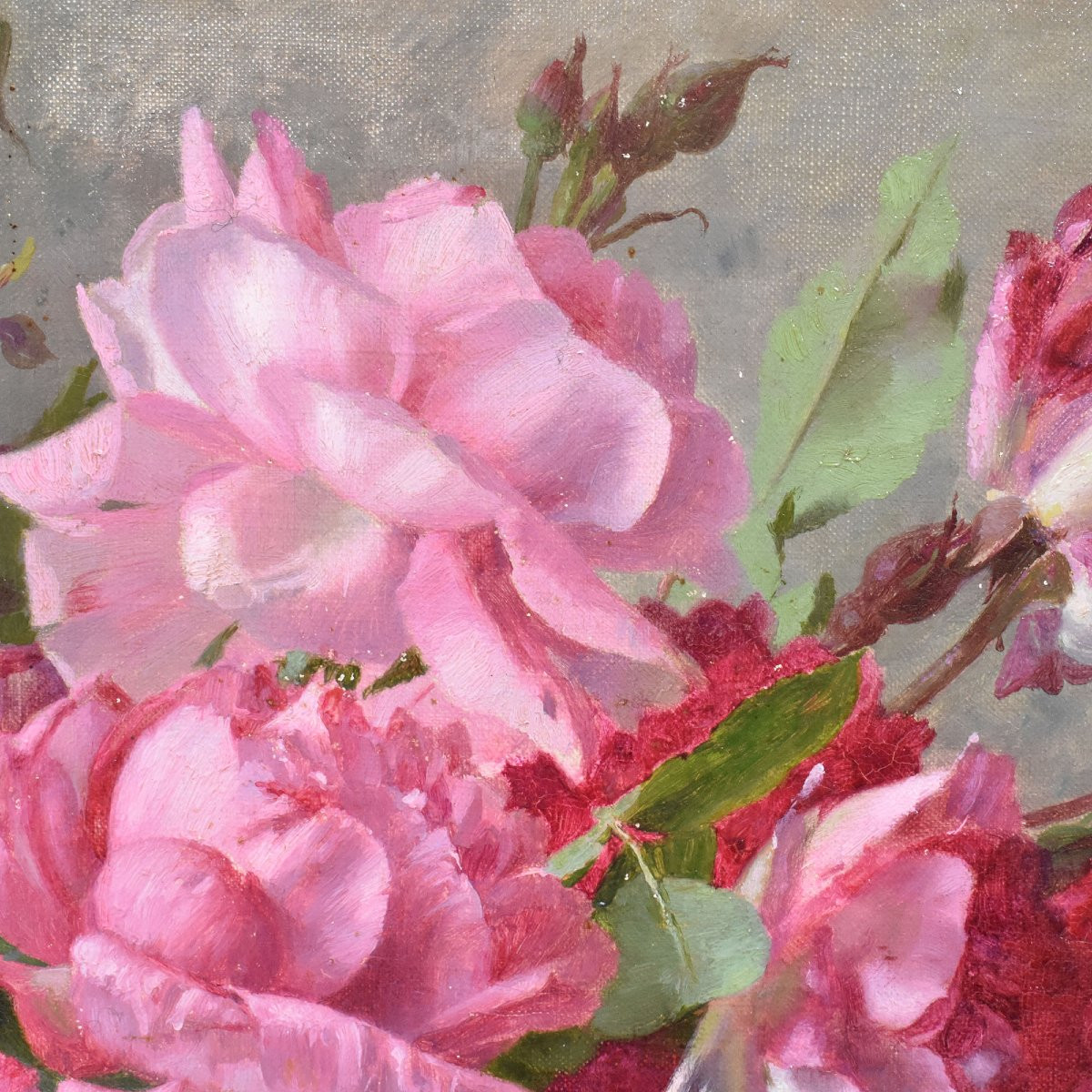 DIPINTI ANTICHI CON FIORI DI ROSE ROSSE, NATURE MORTE, OLIO SU TELA, PRIMI DEL XX. (QF661)-photo-4