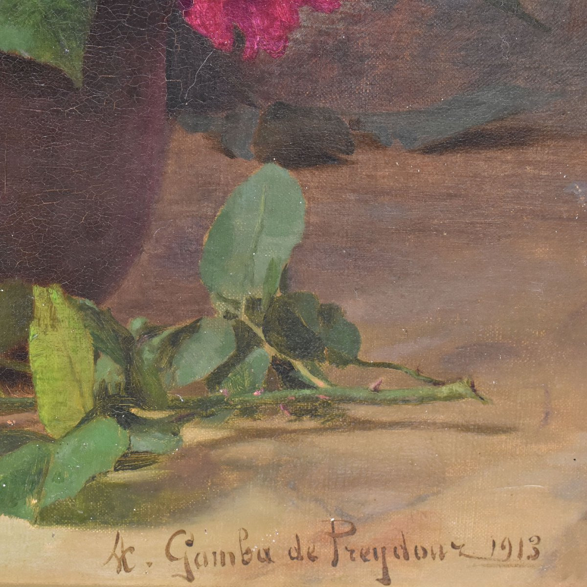 DIPINTI ANTICHI CON FIORI DI ROSE ROSSE, NATURE MORTE, OLIO SU TELA, PRIMI DEL XX. (QF661)-photo-5