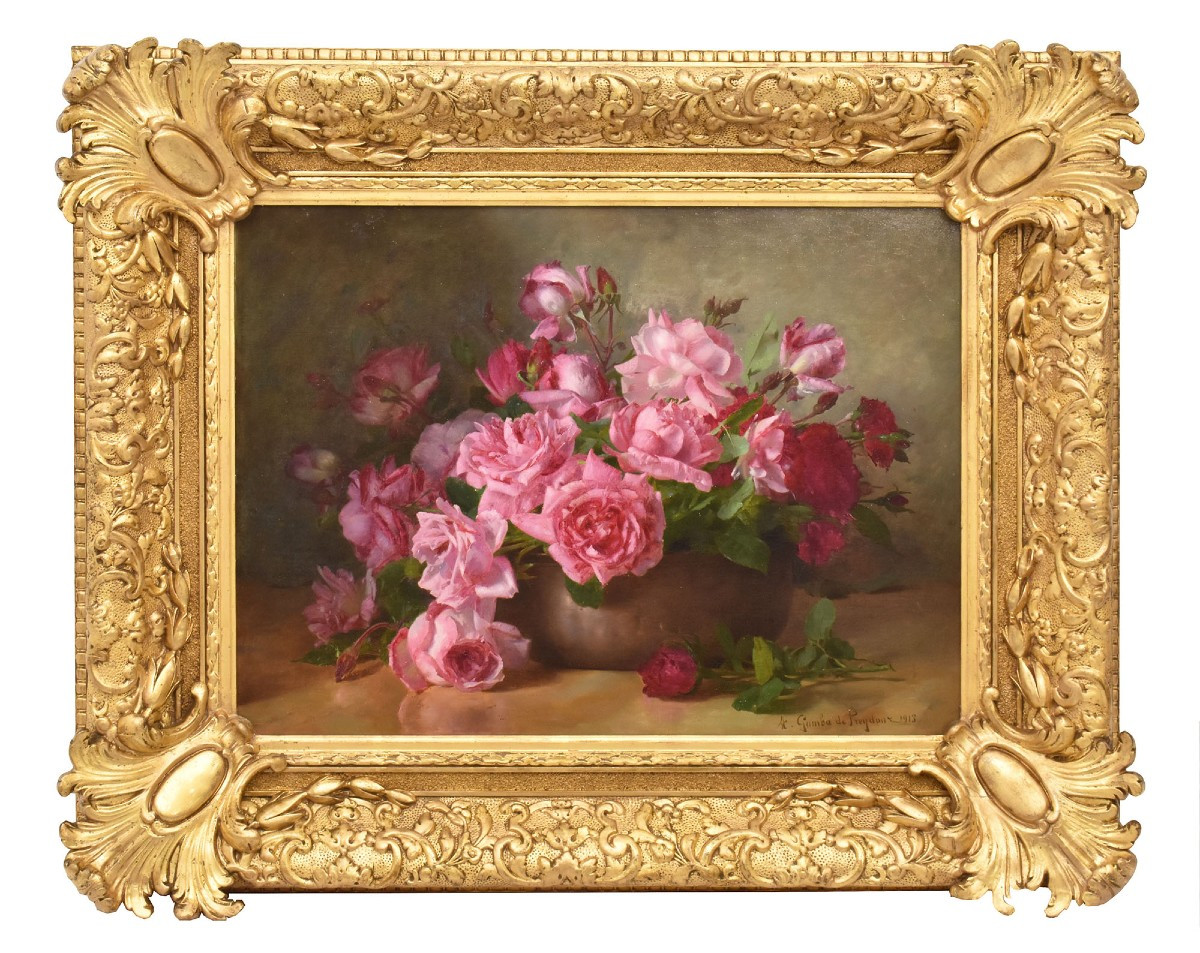 DIPINTI ANTICHI CON FIORI DI ROSE ROSSE, NATURE MORTE, OLIO SU TELA, PRIMI DEL XX. (QF661)