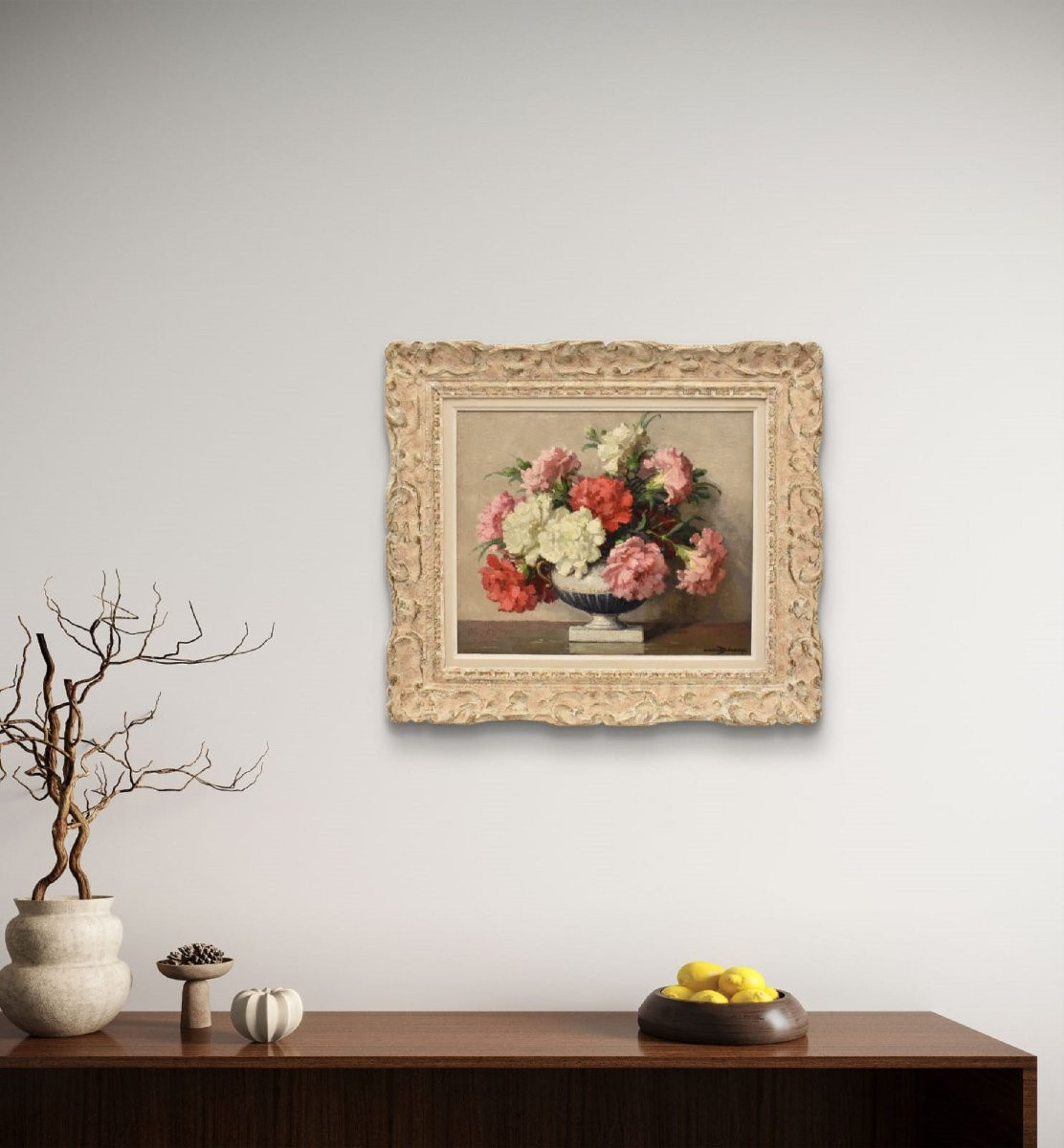 QUADRI ANTICHI, ART DECO, NATURA MORTA CON FIORI DI GAROFANI, OLIO SU TELA, XX SECOLO. (QF663)-photo-2