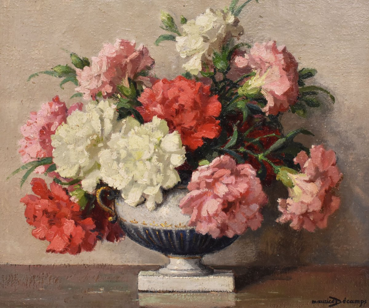 QUADRI ANTICHI, ART DECO, NATURA MORTA CON FIORI DI GAROFANI, OLIO SU TELA, XX SECOLO. (QF663)-photo-3