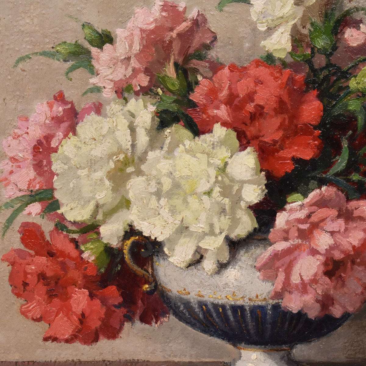 QUADRI ANTICHI, ART DECO, NATURA MORTA CON FIORI DI GAROFANI, OLIO SU TELA, XX SECOLO. (QF663)-photo-4