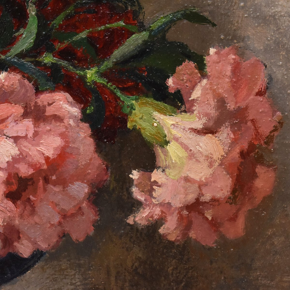 QUADRI ANTICHI, ART DECO, NATURA MORTA CON FIORI DI GAROFANI, OLIO SU TELA, XX SECOLO. (QF663)-photo-2