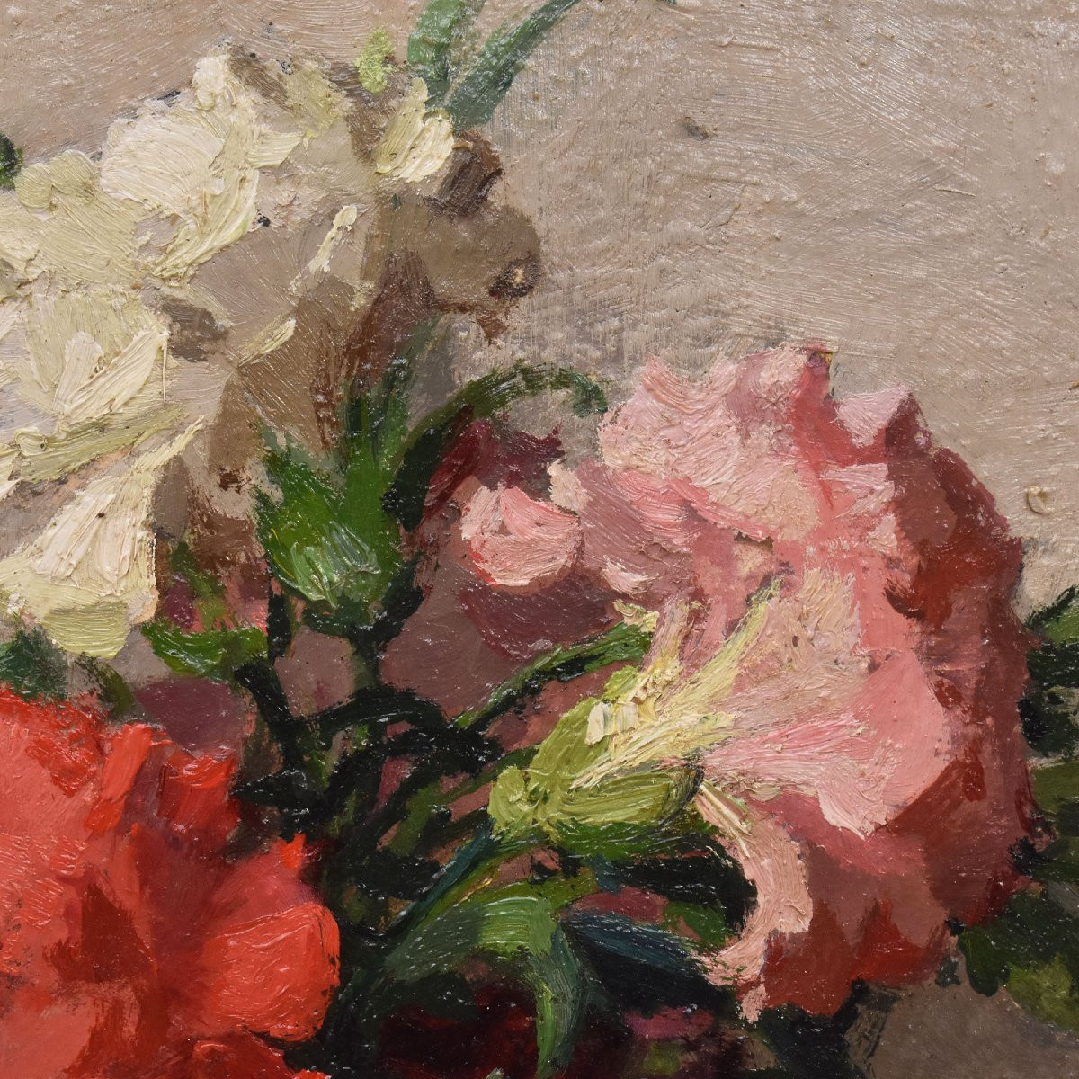 QUADRI ANTICHI, ART DECO, NATURA MORTA CON FIORI DI GAROFANI, OLIO SU TELA, XX SECOLO. (QF663)-photo-3