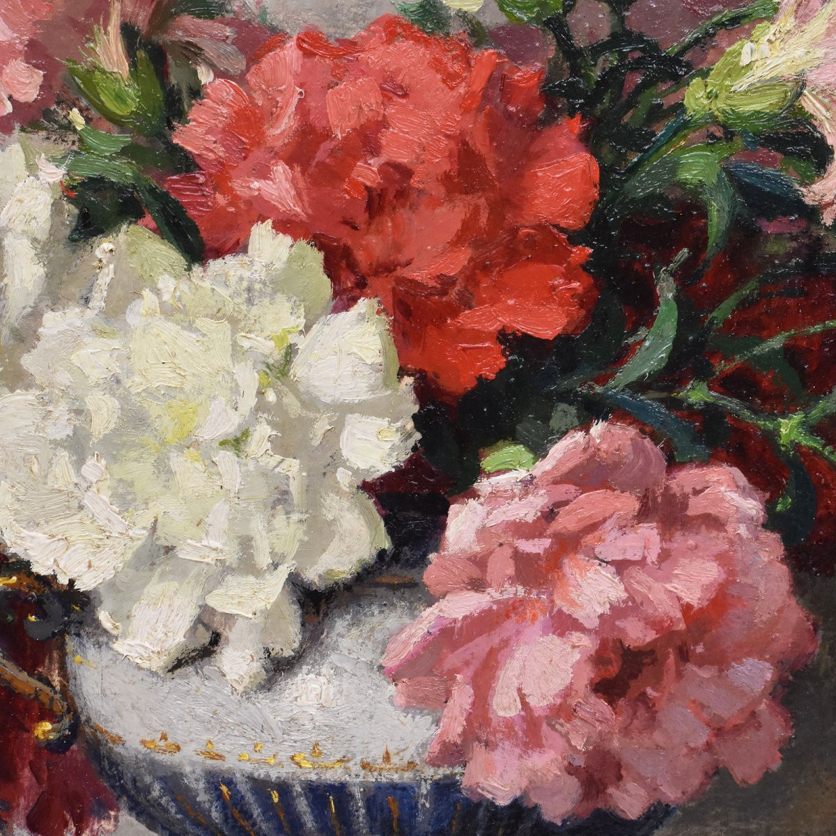 QUADRI ANTICHI, ART DECO, NATURA MORTA CON FIORI DI GAROFANI, OLIO SU TELA, XX SECOLO. (QF663)-photo-4