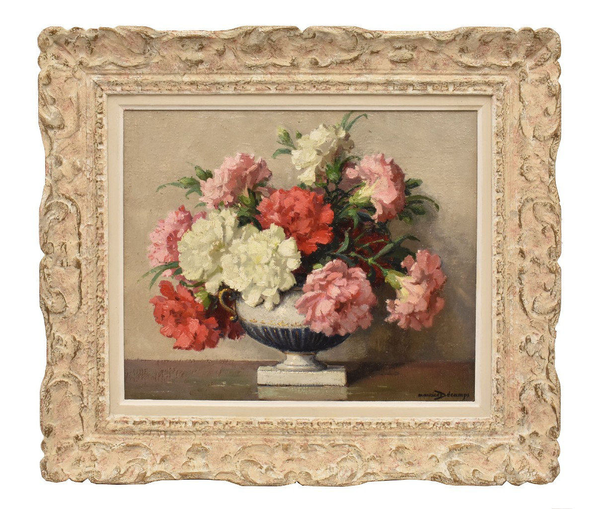 QUADRI ANTICHI, ART DECO, NATURA MORTA CON FIORI DI GAROFANI, OLIO SU TELA, XX SECOLO. (QF663)