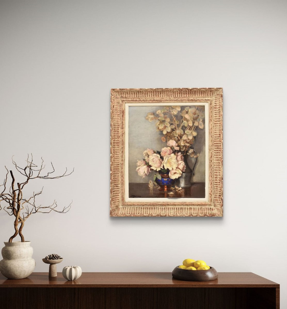QUADRI ANTICHI, ART DECO, NATURA MORTA CON FIORI DI ROSE BIANCHE, OLIO SU TELA, XX SECOLO. (QF6-photo-2