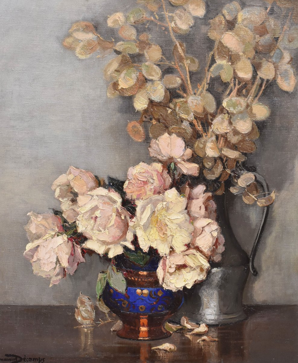 QUADRI ANTICHI, ART DECO, NATURA MORTA CON FIORI DI ROSE BIANCHE, OLIO SU TELA, XX SECOLO. (QF6-photo-3