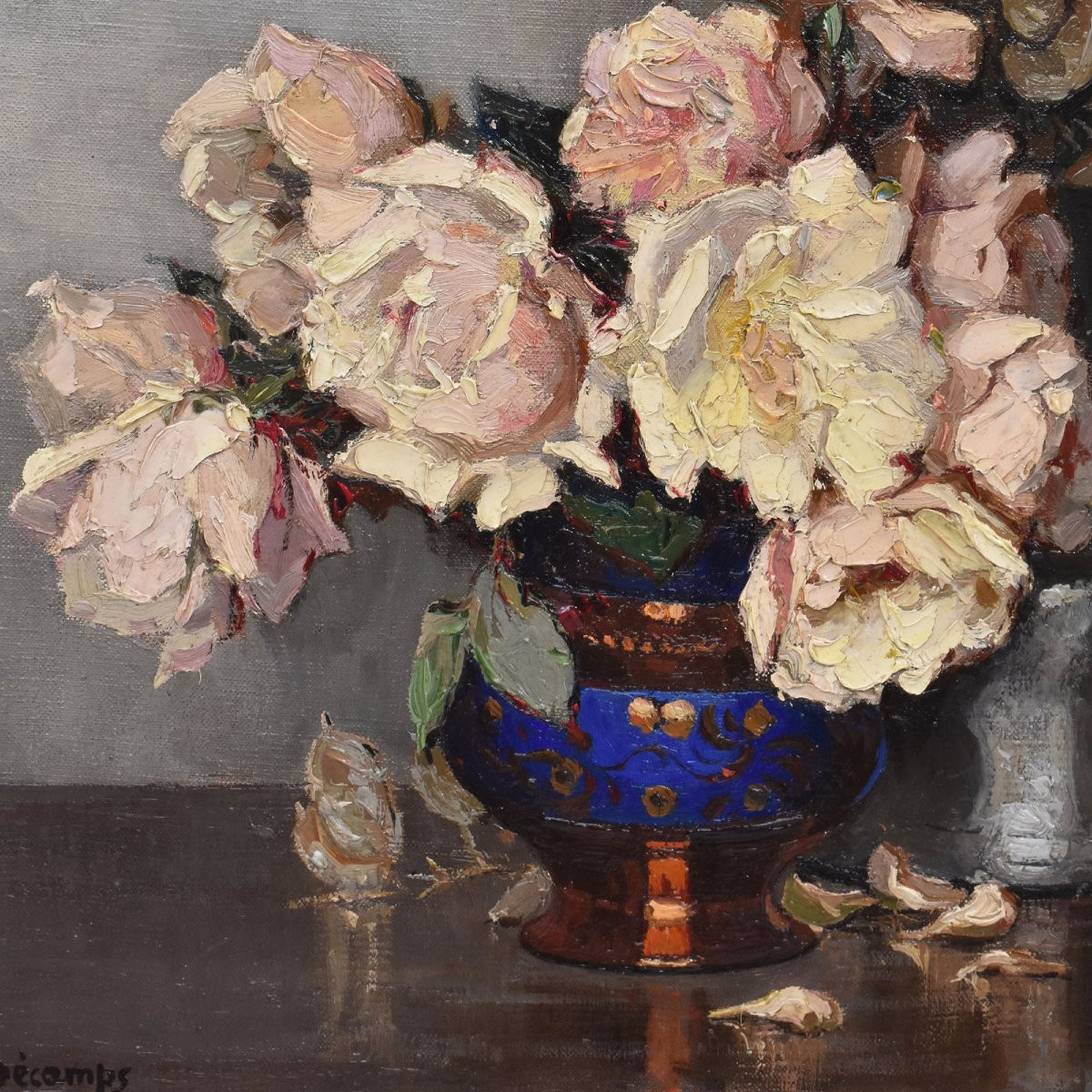 QUADRI ANTICHI, ART DECO, NATURA MORTA CON FIORI DI ROSE BIANCHE, OLIO SU TELA, XX SECOLO. (QF6-photo-4