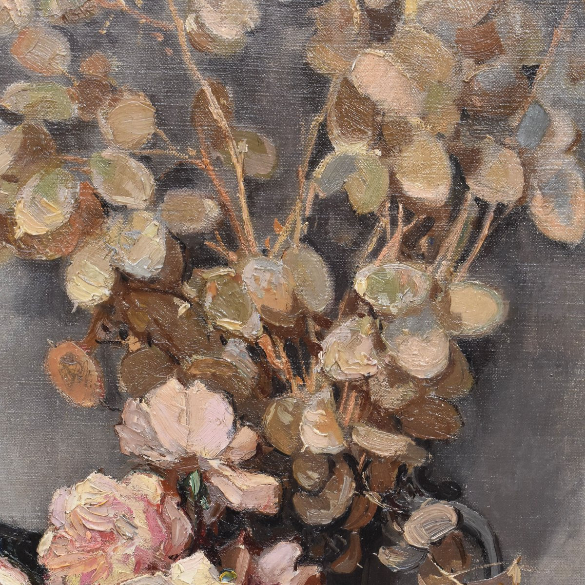 QUADRI ANTICHI, ART DECO, NATURA MORTA CON FIORI DI ROSE BIANCHE, OLIO SU TELA, XX SECOLO. (QF6-photo-1