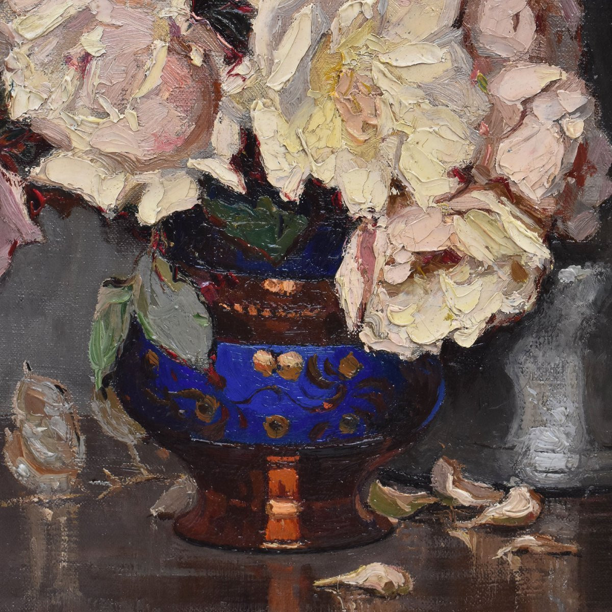 QUADRI ANTICHI, ART DECO, NATURA MORTA CON FIORI DI ROSE BIANCHE, OLIO SU TELA, XX SECOLO. (QF6-photo-2