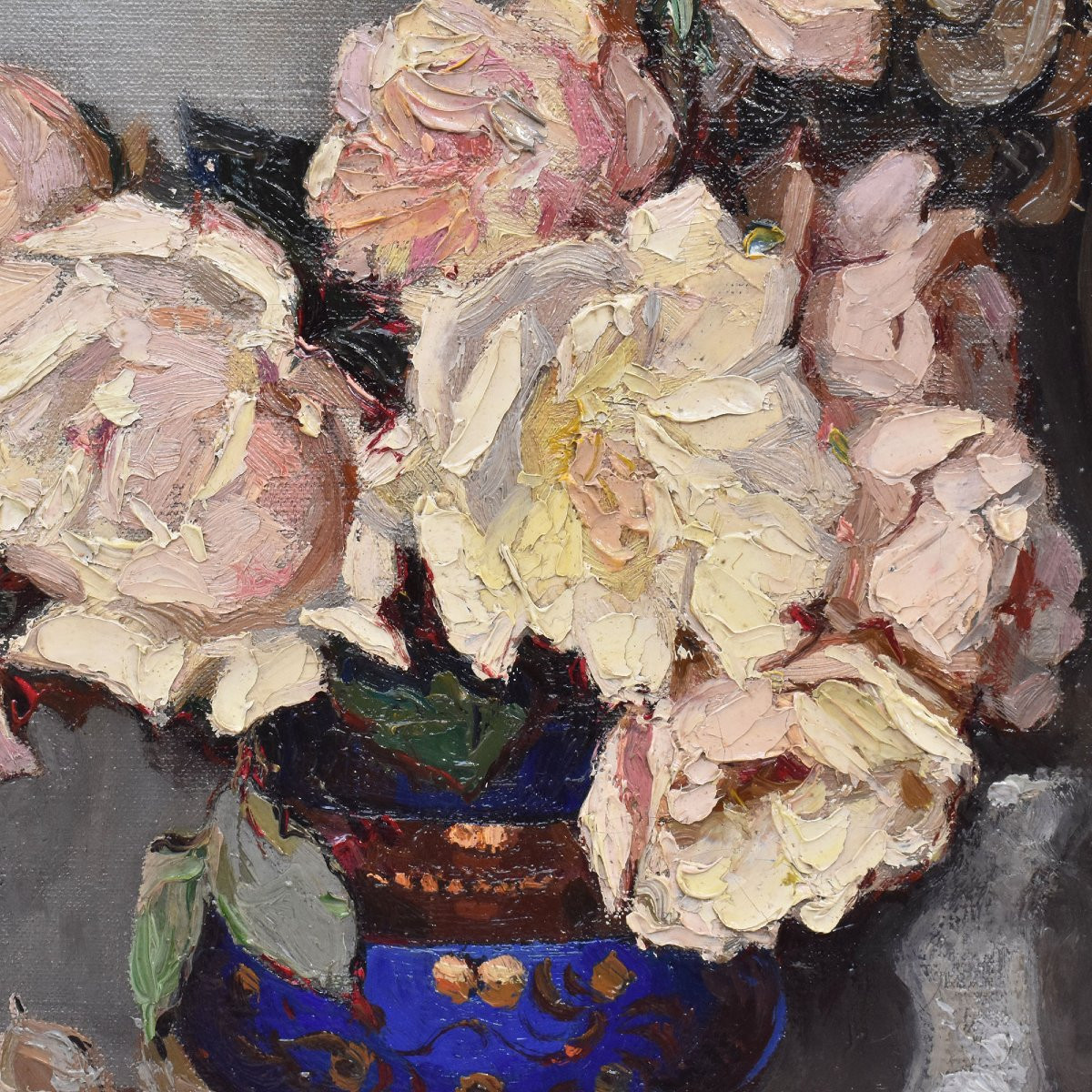 QUADRI ANTICHI, ART DECO, NATURA MORTA CON FIORI DI ROSE BIANCHE, OLIO SU TELA, XX SECOLO. (QF6-photo-3