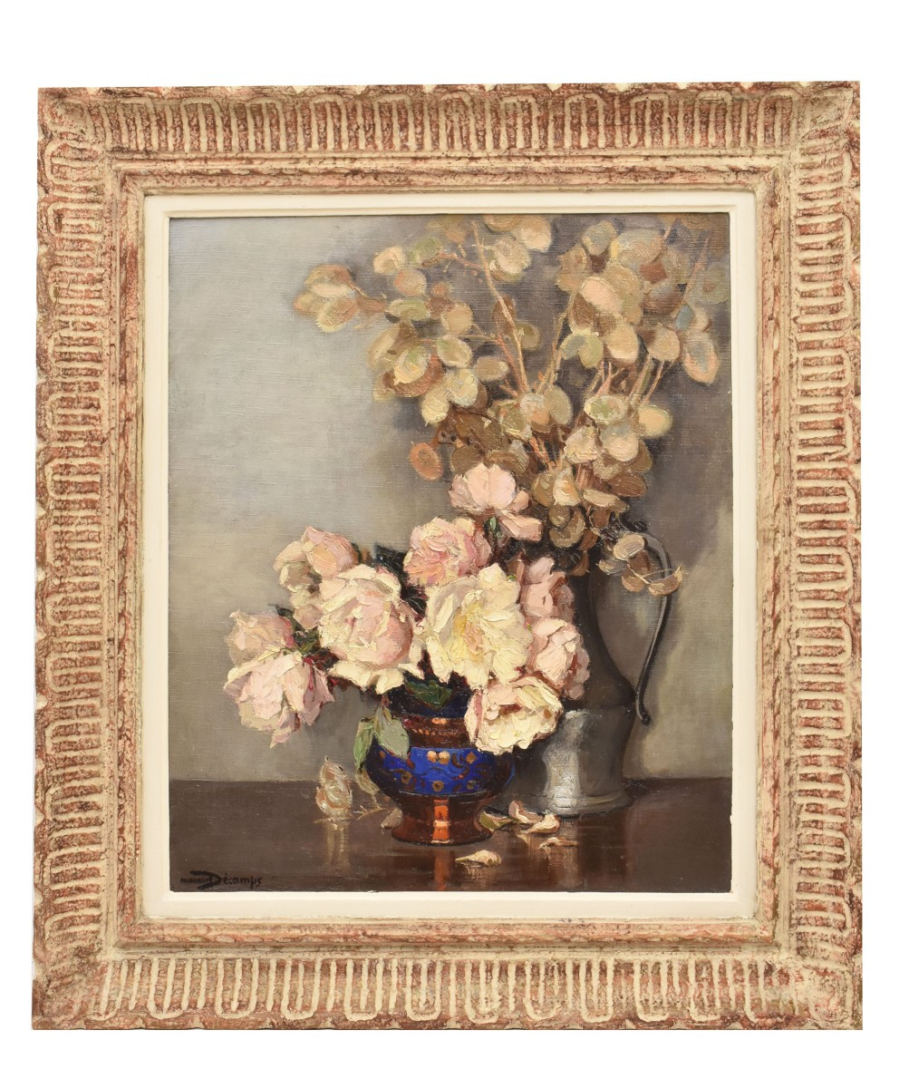 QUADRI ANTICHI, ART DECO, NATURA MORTA CON FIORI DI ROSE BIANCHE, OLIO SU TELA, XX SECOLO. (QF6