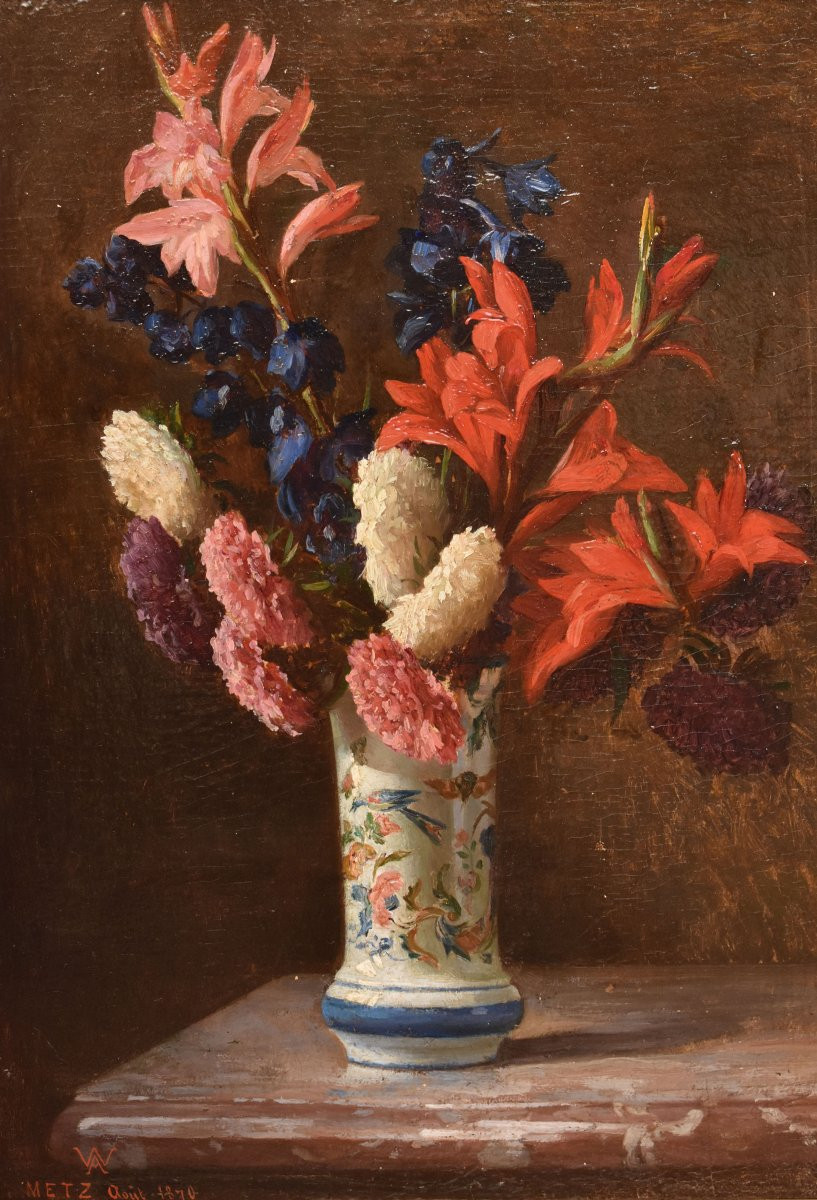 DIPINTI ANTICHI DI FIORI, NATURE MORTE CON GIGLI E DALIE, OLIO SU TAVOLA, DELL'800. (QF662)-photo-3