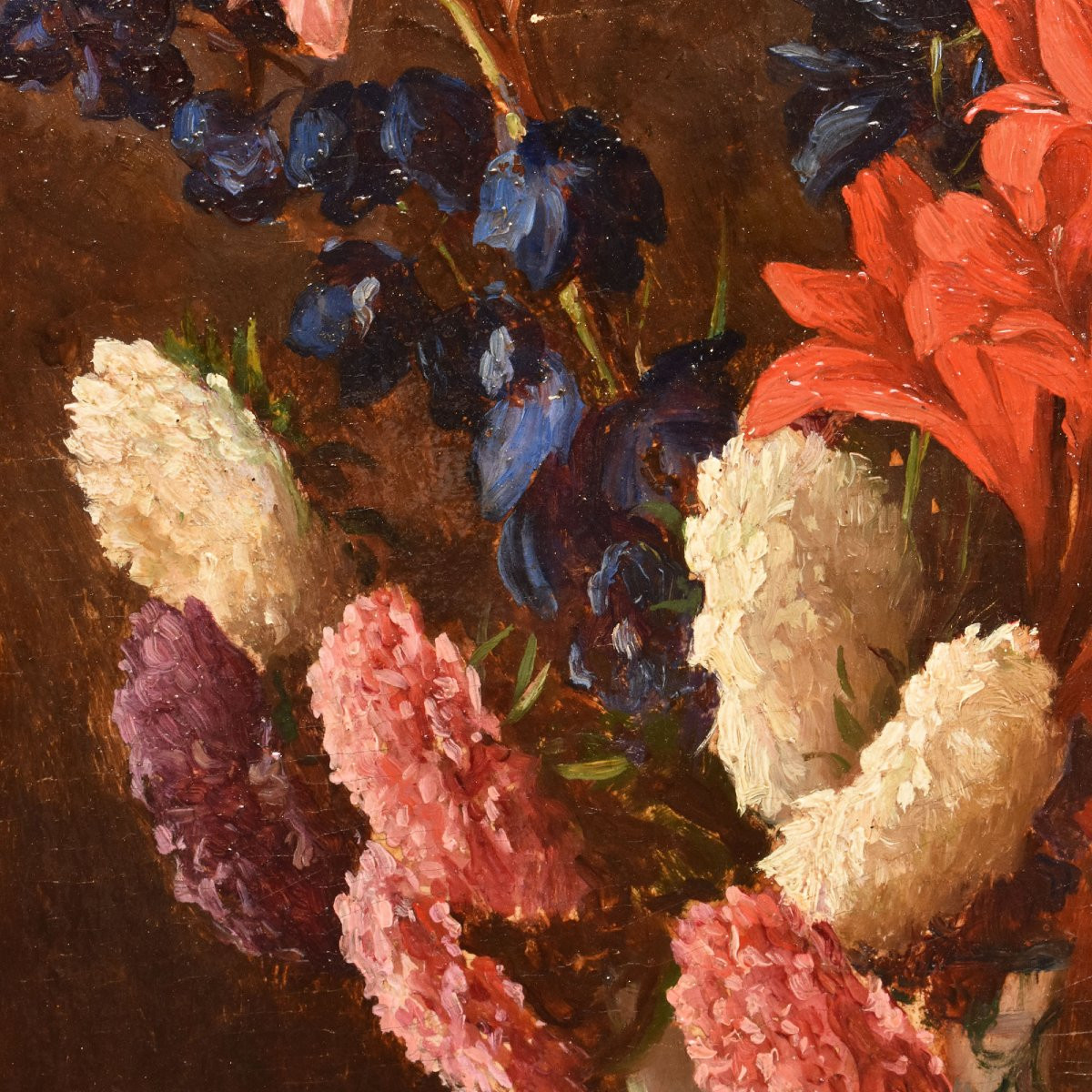DIPINTI ANTICHI DI FIORI, NATURE MORTE CON GIGLI E DALIE, OLIO SU TAVOLA, DELL'800. (QF662)-photo-4