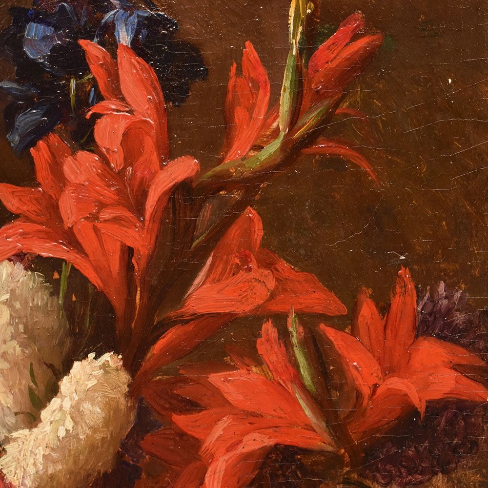 DIPINTI ANTICHI DI FIORI, NATURE MORTE CON GIGLI E DALIE, OLIO SU TAVOLA, DELL'800. (QF662)-photo-1