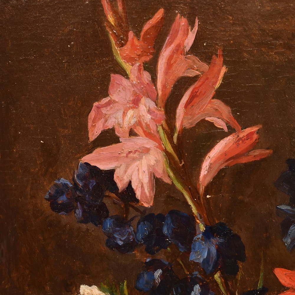 DIPINTI ANTICHI DI FIORI, NATURE MORTE CON GIGLI E DALIE, OLIO SU TAVOLA, DELL'800. (QF662)-photo-2