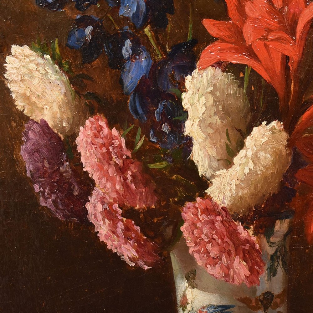 DIPINTI ANTICHI DI FIORI, NATURE MORTE CON GIGLI E DALIE, OLIO SU TAVOLA, DELL'800. (QF662)-photo-3