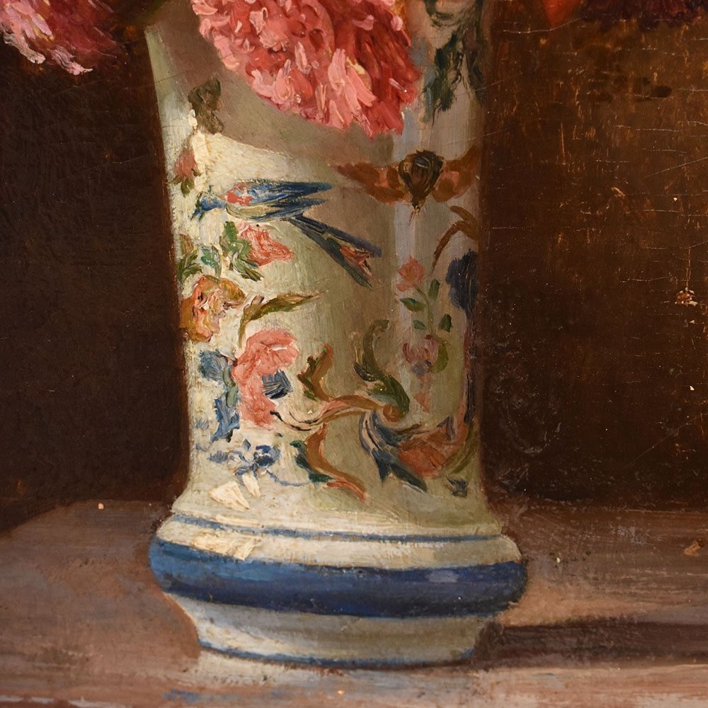 DIPINTI ANTICHI DI FIORI, NATURE MORTE CON GIGLI E DALIE, OLIO SU TAVOLA, DELL'800. (QF662)-photo-4