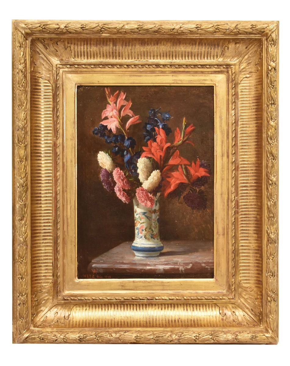 DIPINTI ANTICHI DI FIORI, NATURE MORTE CON GIGLI E DALIE, OLIO SU TAVOLA, DELL'800. (QF662)