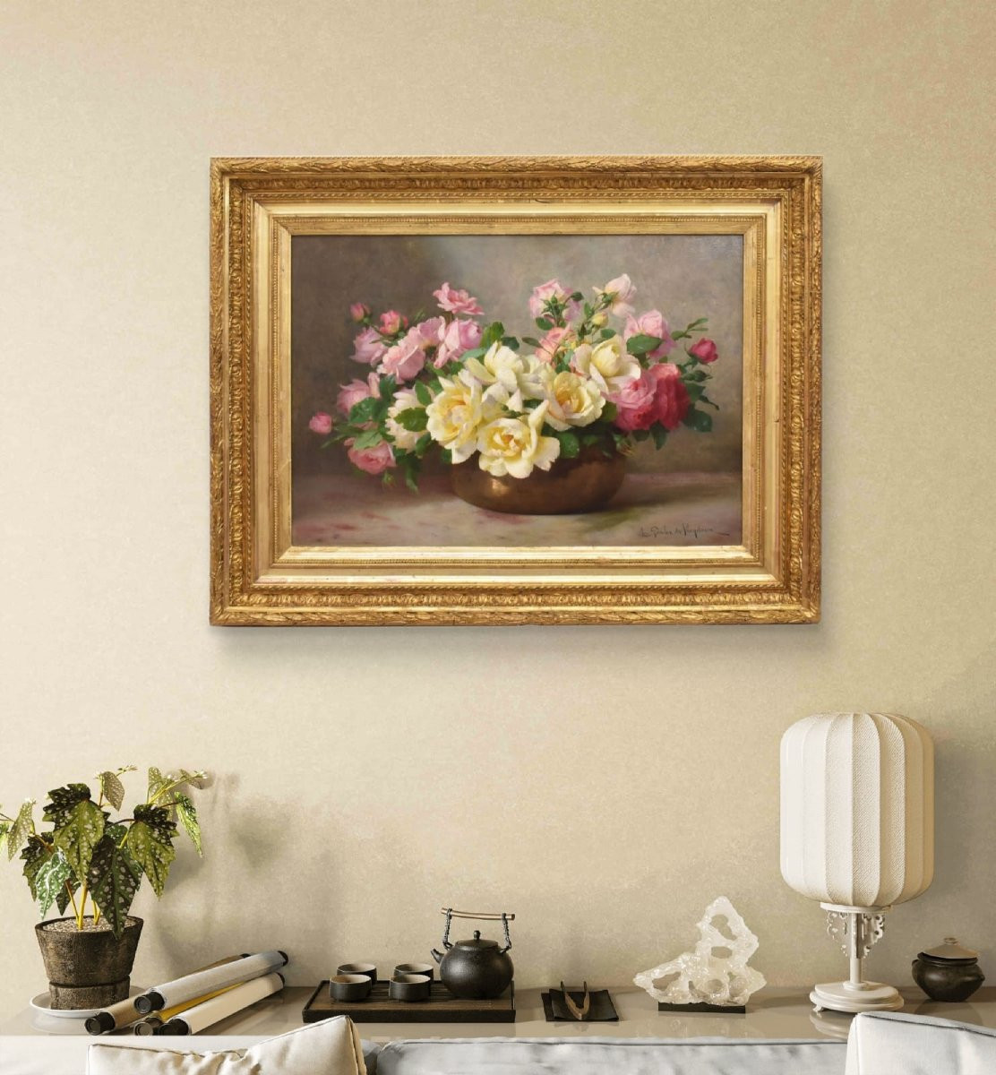 DIPINTI ANTICHI CON FIORI DI ROSE ROSA, NATURE MORTE, OLIO SU TELA, PRIMI DEL NOVECENTO.(QF665)-photo-2