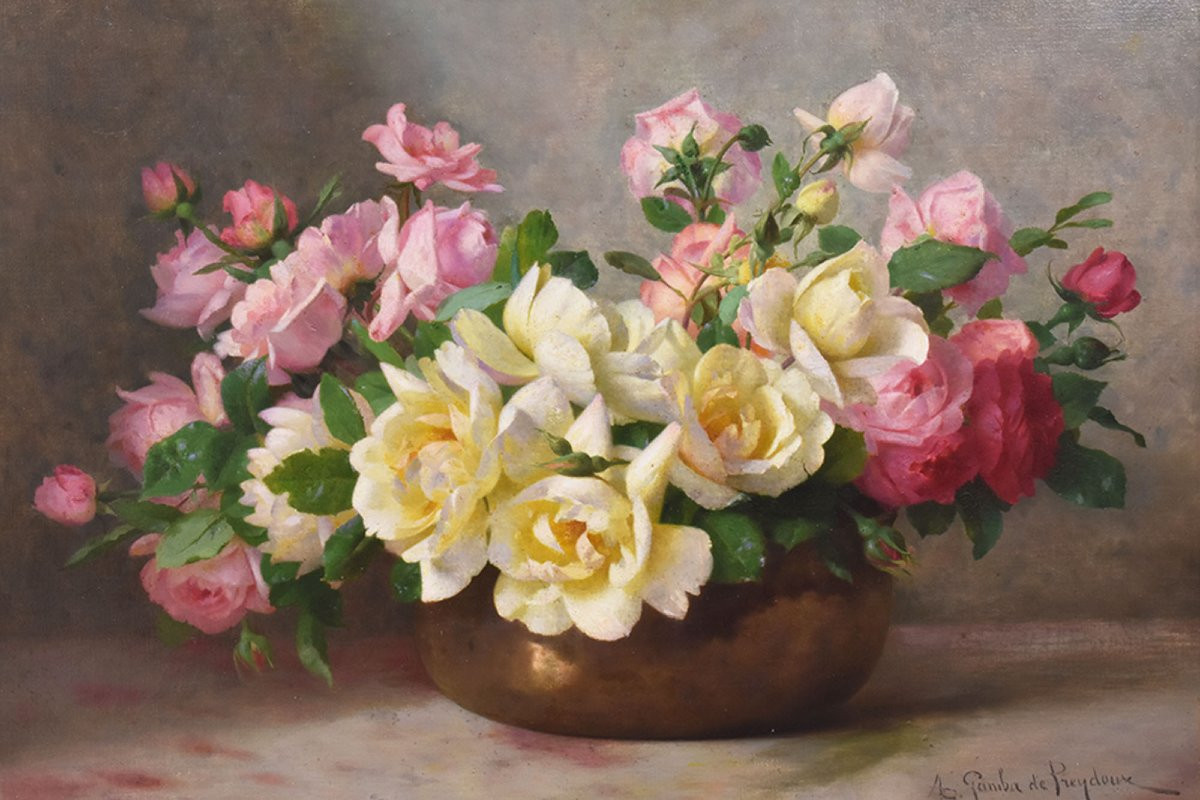 DIPINTI ANTICHI CON FIORI DI ROSE ROSA, NATURE MORTE, OLIO SU TELA, PRIMI DEL NOVECENTO.(QF665)-photo-3
