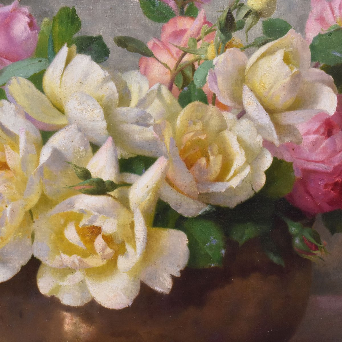 DIPINTI ANTICHI CON FIORI DI ROSE ROSA, NATURE MORTE, OLIO SU TELA, PRIMI DEL NOVECENTO.(QF665)-photo-4