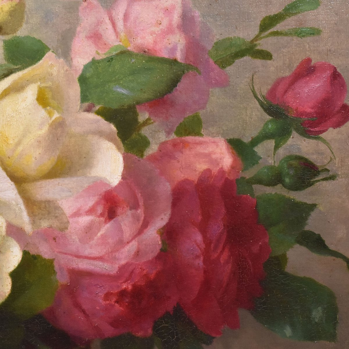 DIPINTI ANTICHI CON FIORI DI ROSE ROSA, NATURE MORTE, OLIO SU TELA, PRIMI DEL NOVECENTO.(QF665)-photo-1