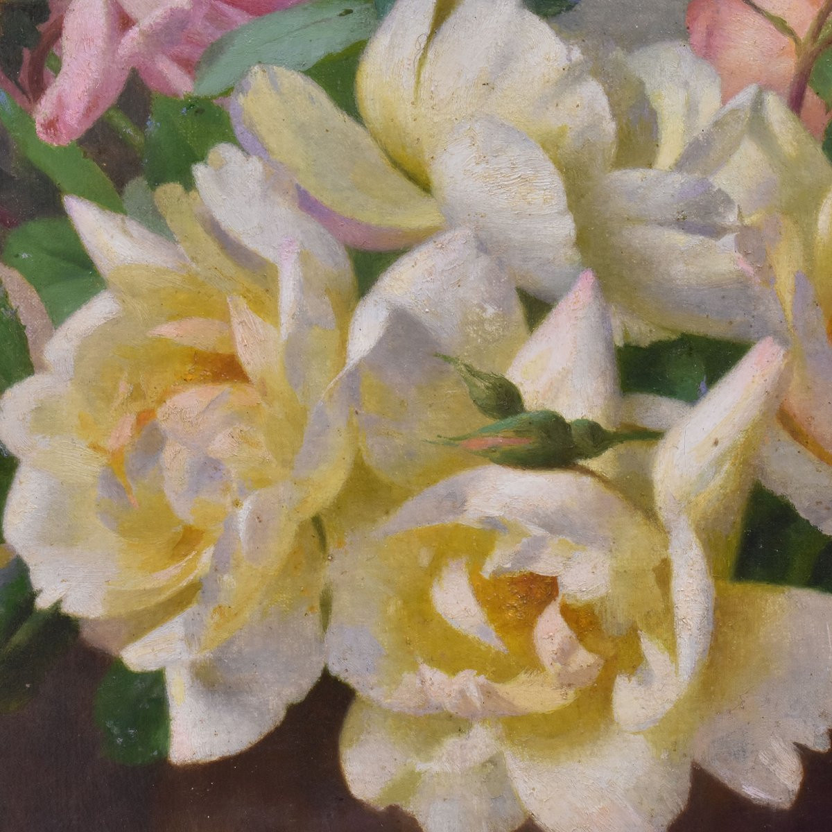 DIPINTI ANTICHI CON FIORI DI ROSE ROSA, NATURE MORTE, OLIO SU TELA, PRIMI DEL NOVECENTO.(QF665)-photo-2