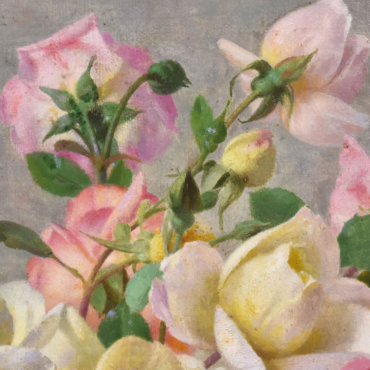 DIPINTI ANTICHI CON FIORI DI ROSE ROSA, NATURE MORTE, OLIO SU TELA, PRIMI DEL NOVECENTO.(QF665)-photo-3