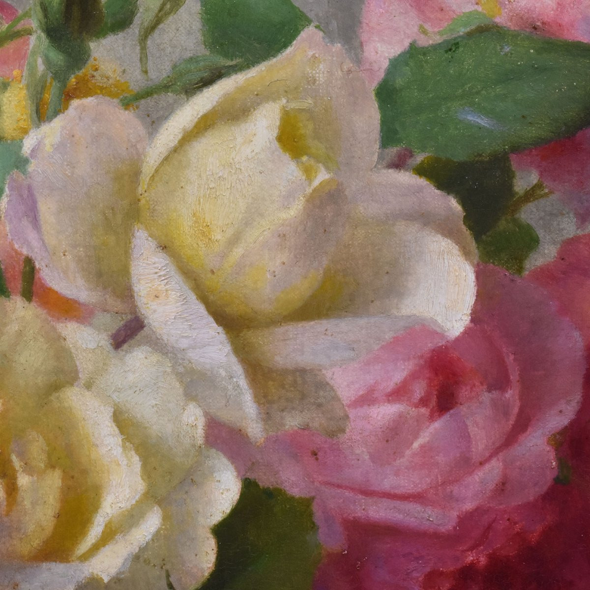 DIPINTI ANTICHI CON FIORI DI ROSE ROSA, NATURE MORTE, OLIO SU TELA, PRIMI DEL NOVECENTO.(QF665)-photo-4