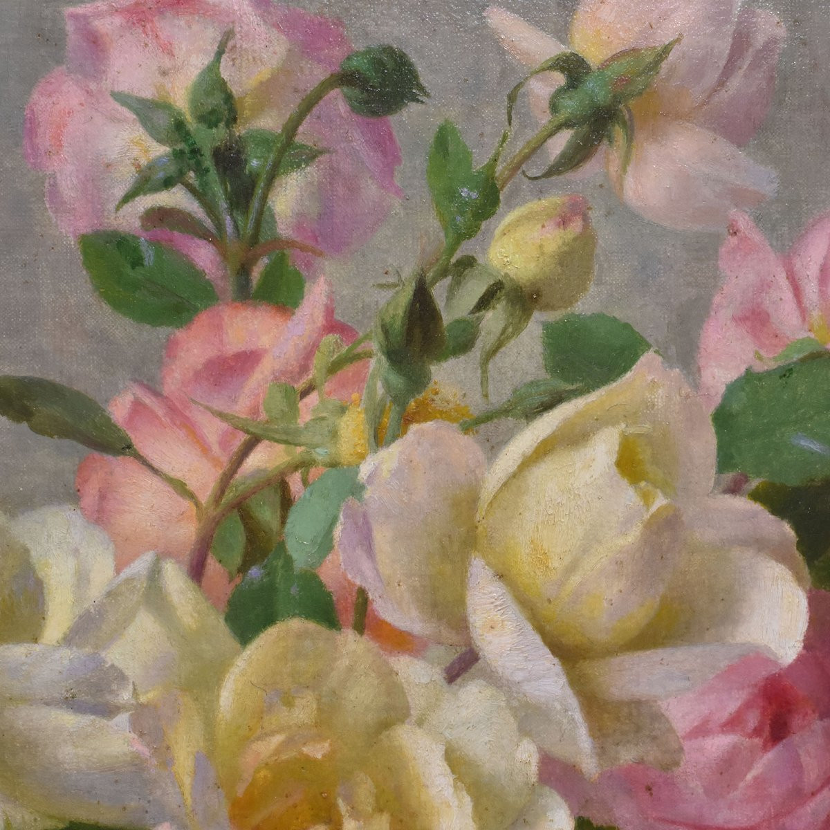 DIPINTI ANTICHI CON FIORI DI ROSE ROSA, NATURE MORTE, OLIO SU TELA, PRIMI DEL NOVECENTO.(QF665)-photo-5