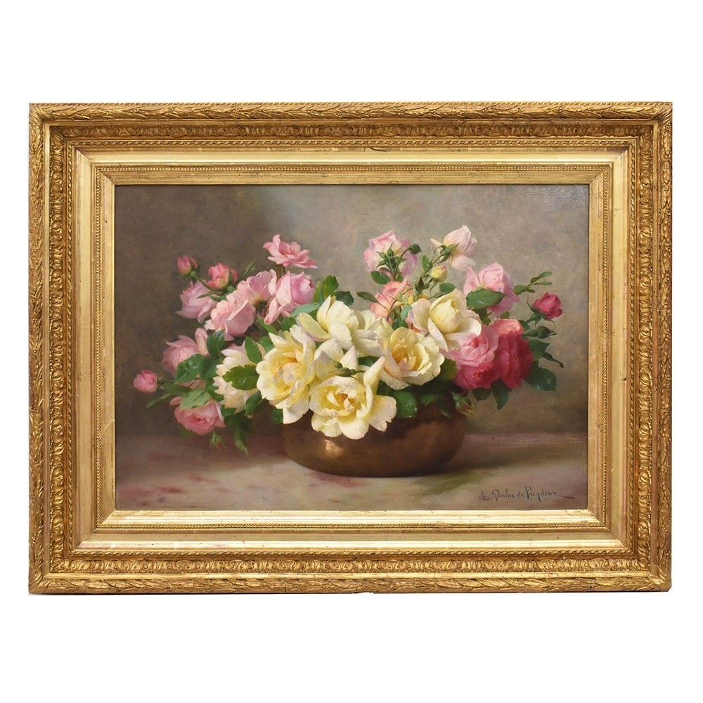 DIPINTI ANTICHI CON FIORI DI ROSE ROSA, NATURE MORTE, OLIO SU TELA, PRIMI DEL NOVECENTO.(QF665)