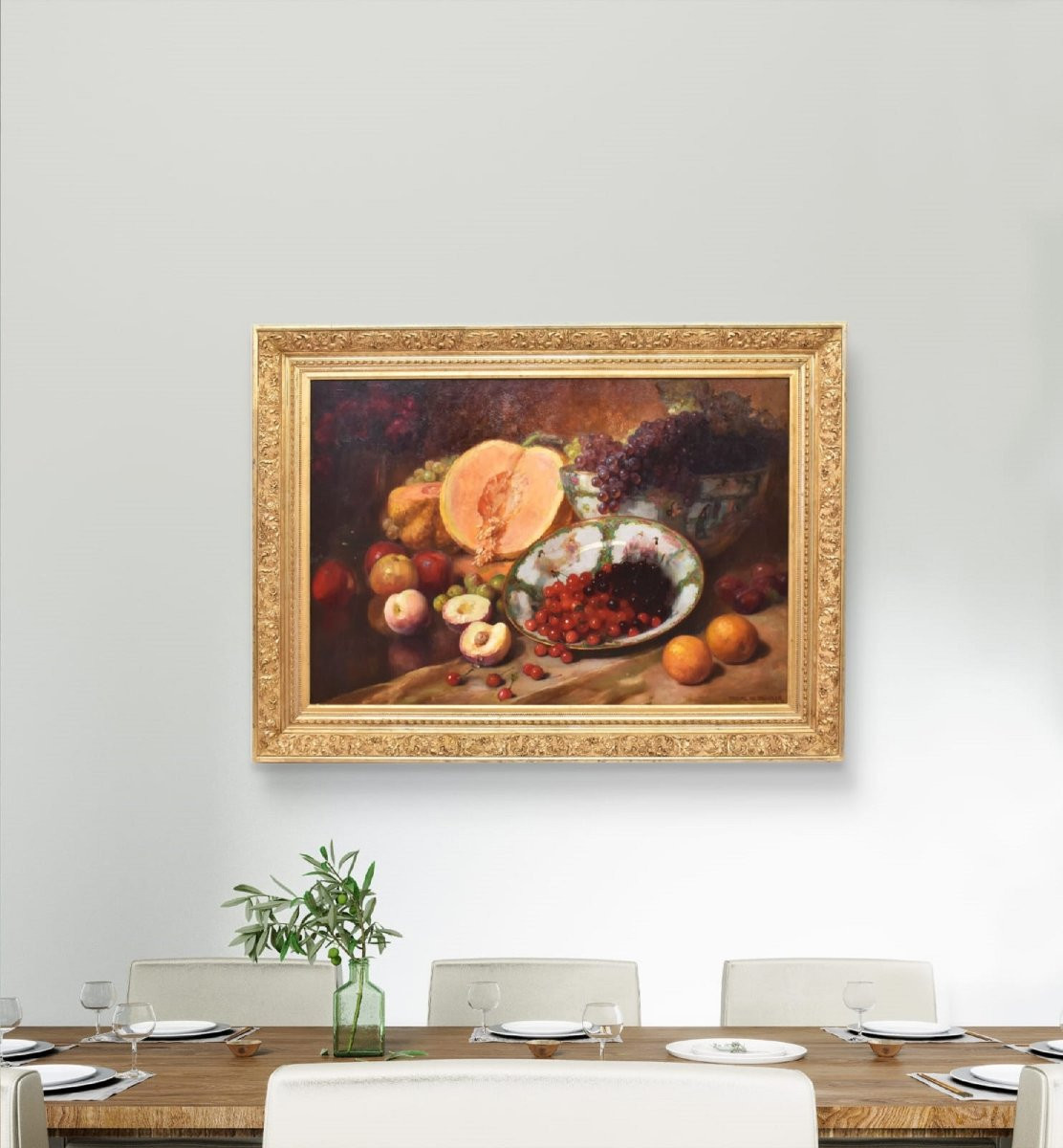DIPINTI ANTICHI, NATURA MORTA CON FRUTTA, UVA, CILIEGIE E ZUCCA, OLIO SU TELA, XIX. (QNM666)-photo-2