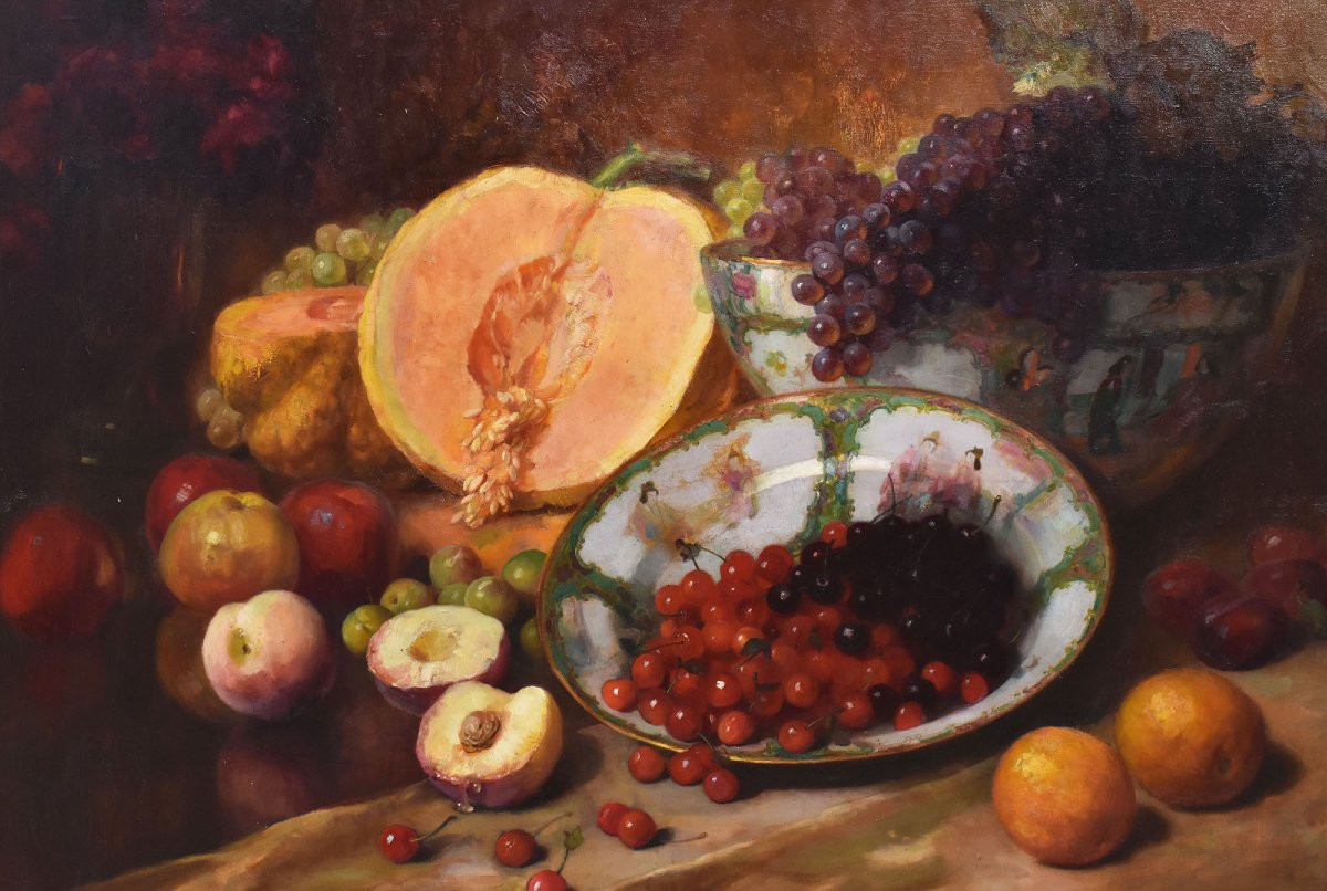DIPINTI ANTICHI, NATURA MORTA CON FRUTTA, UVA, CILIEGIE E ZUCCA, OLIO SU TELA, XIX. (QNM666)-photo-3