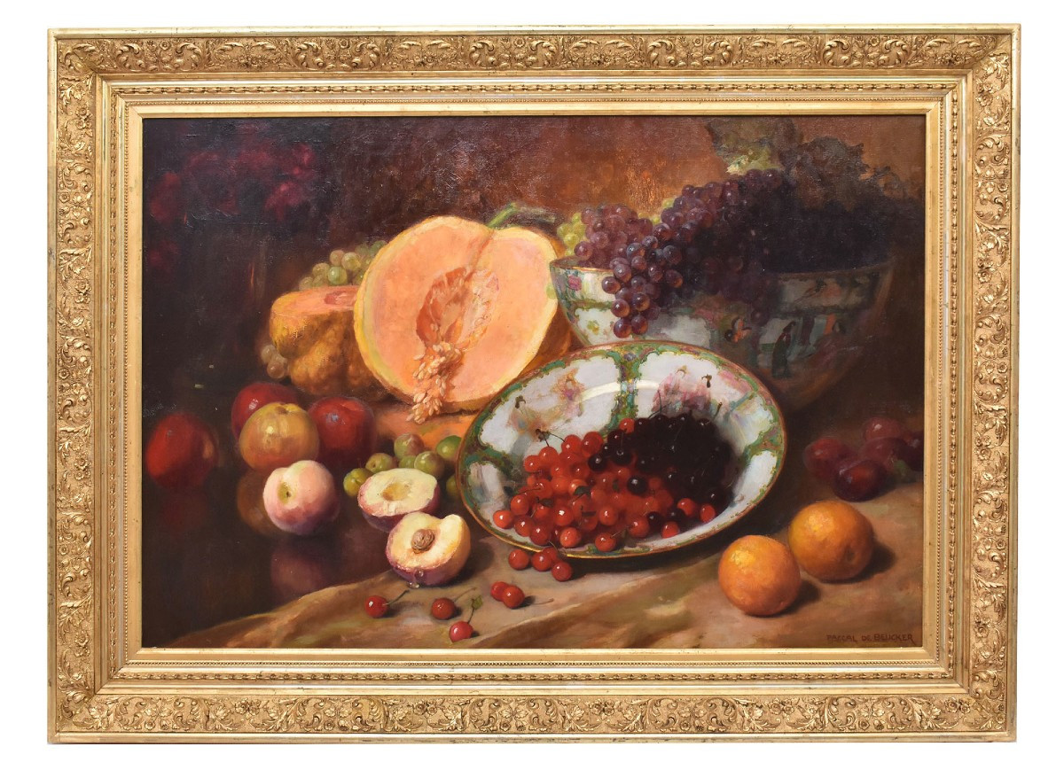 DIPINTI ANTICHI, NATURA MORTA CON FRUTTA, UVA, CILIEGIE E ZUCCA, OLIO SU TELA, XIX. (QNM666)