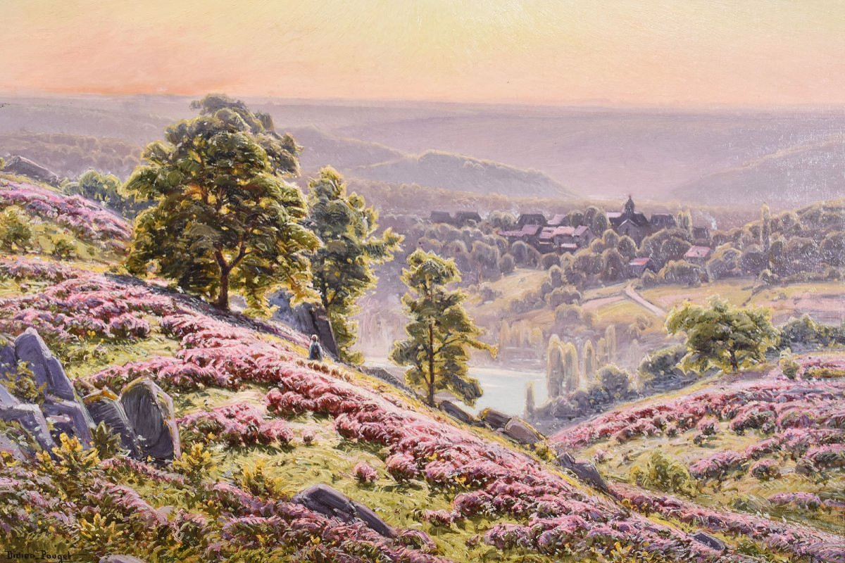 DIPINTI ANTICHI PAESAGGI, VALLE DELLA CORREZE E VILLAGGIO, DIDIER POUGET, OLIO SU TELA. (QP658)-photo-3