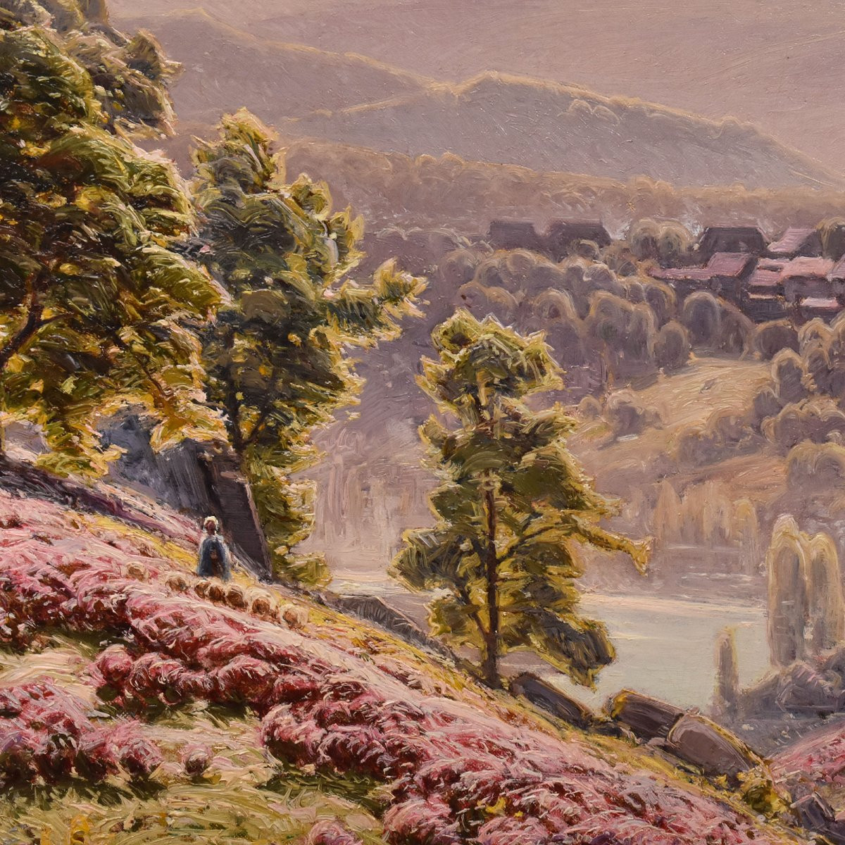 DIPINTI ANTICHI PAESAGGI, VALLE DELLA CORREZE E VILLAGGIO, DIDIER POUGET, OLIO SU TELA. (QP658)-photo-4