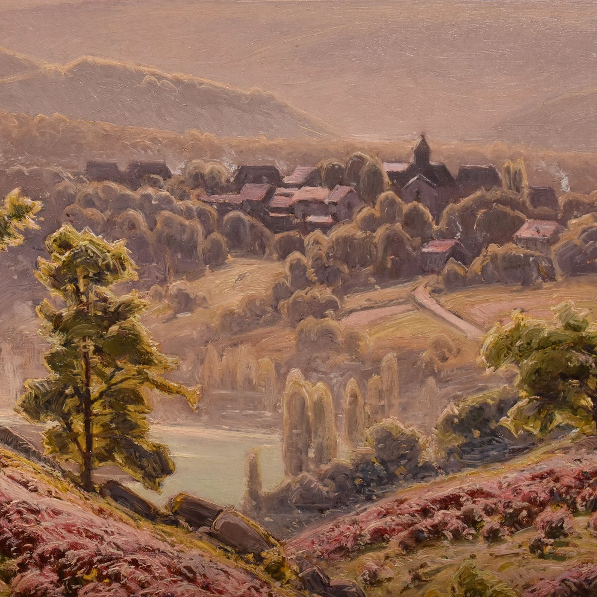 DIPINTI ANTICHI PAESAGGI, VALLE DELLA CORREZE E VILLAGGIO, DIDIER POUGET, OLIO SU TELA. (QP658)-photo-1