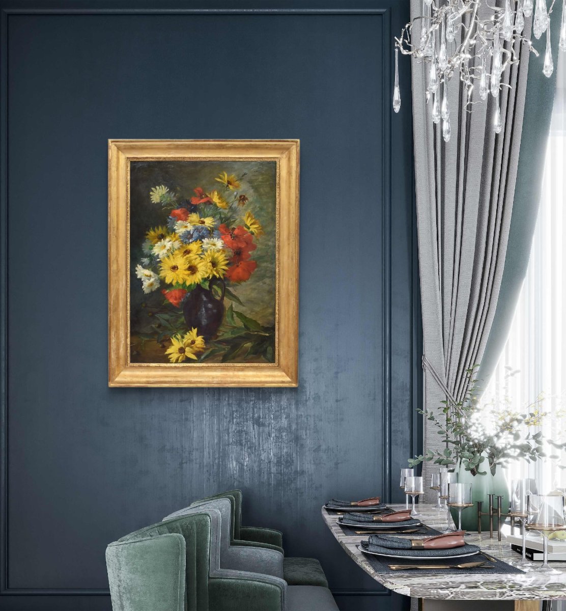 DIPINTI DI FIORI CON MARGHERITE, ROZIER JULES, OLIO SU TELA, QUADRI ANTICHI, DELL'800. (QF670)-photo-2