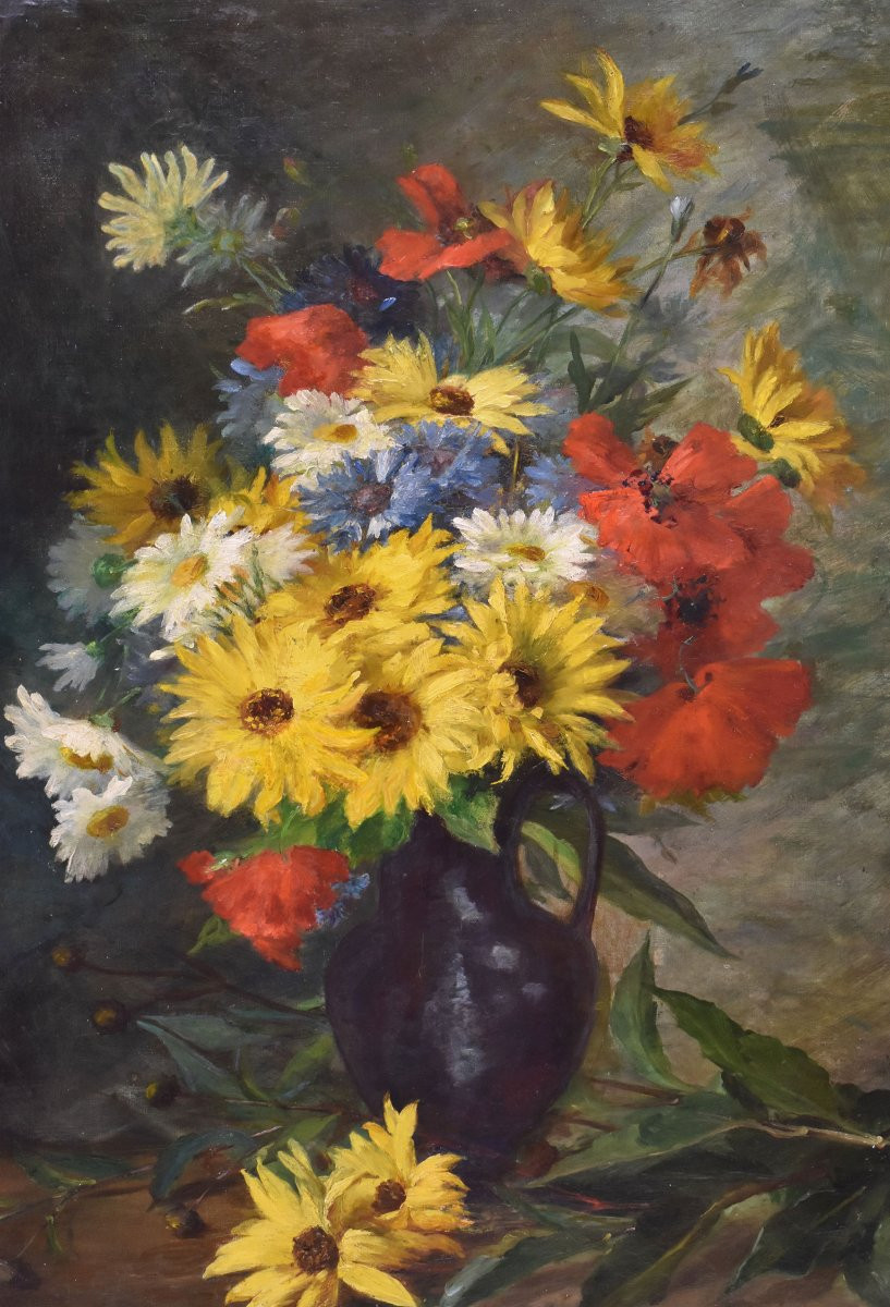 DIPINTI DI FIORI CON MARGHERITE, ROZIER JULES, OLIO SU TELA, QUADRI ANTICHI, DELL'800. (QF670)-photo-3