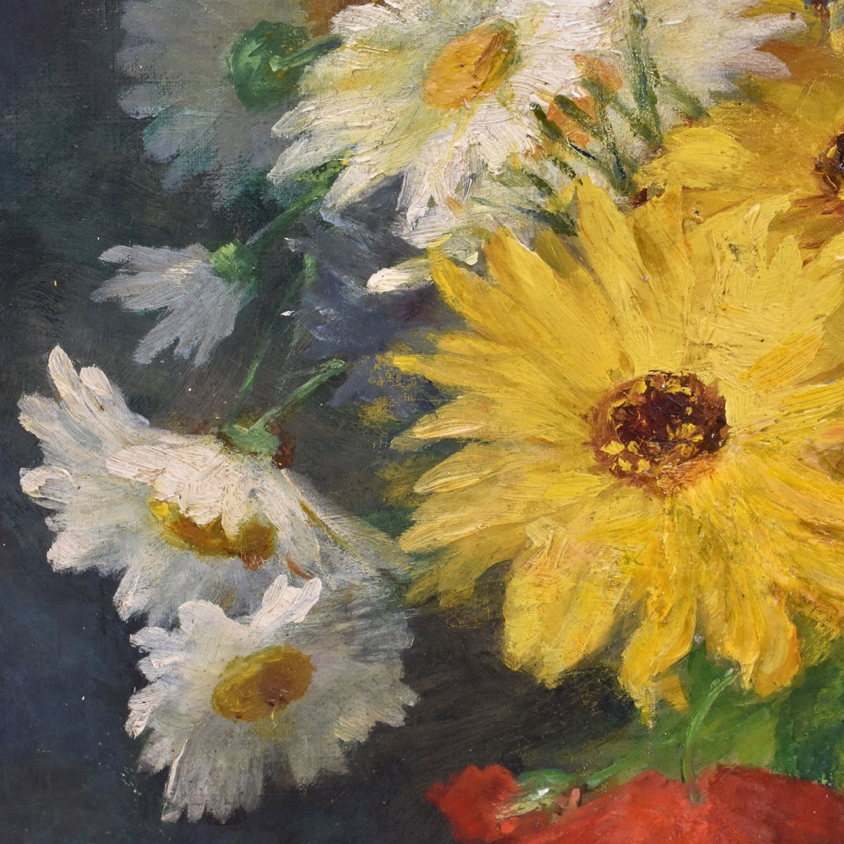 DIPINTI DI FIORI CON MARGHERITE, ROZIER JULES, OLIO SU TELA, QUADRI ANTICHI, DELL'800. (QF670)-photo-3