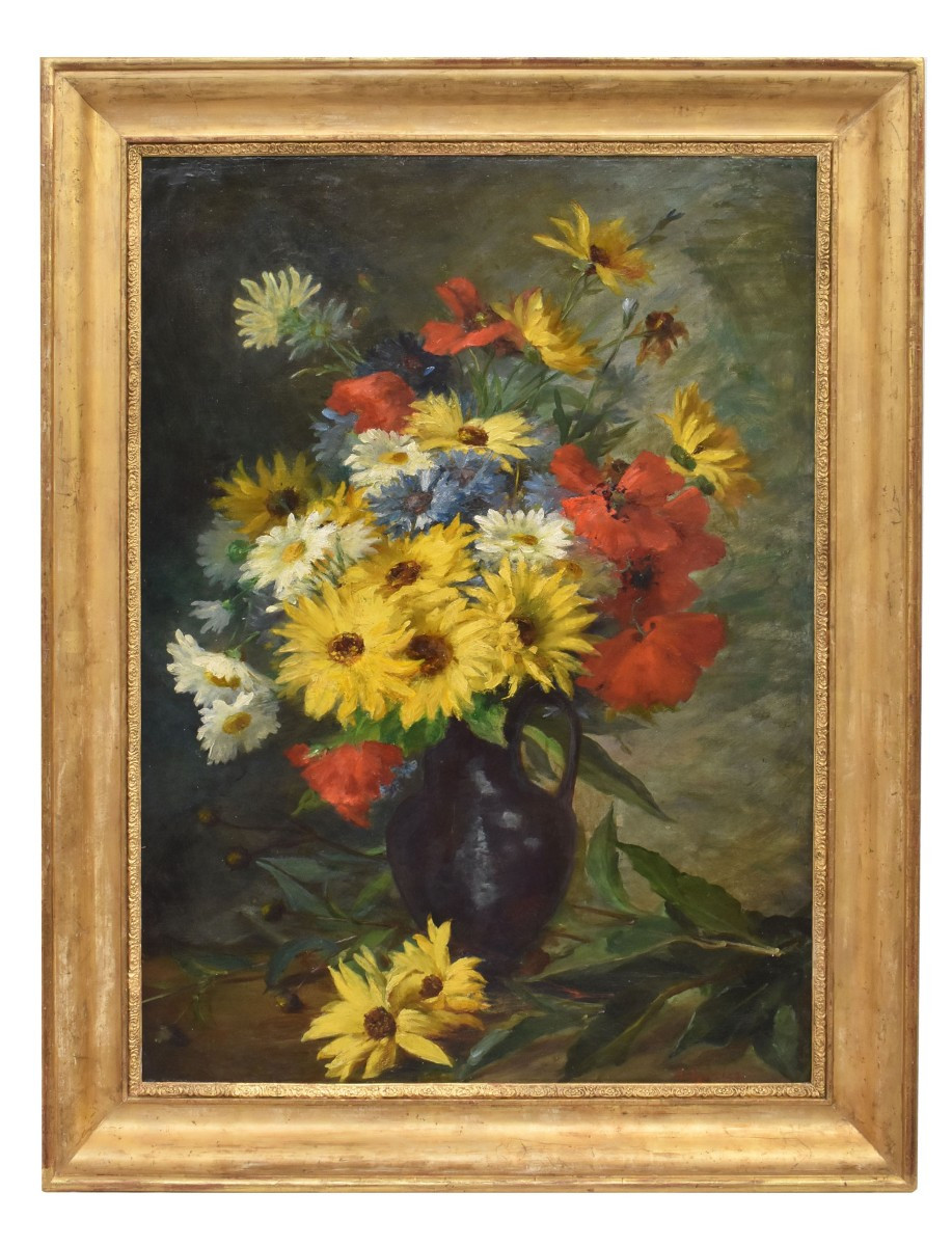 DIPINTI DI FIORI CON MARGHERITE, ROZIER JULES, OLIO SU TELA, QUADRI ANTICHI, DELL'800. (QF670)