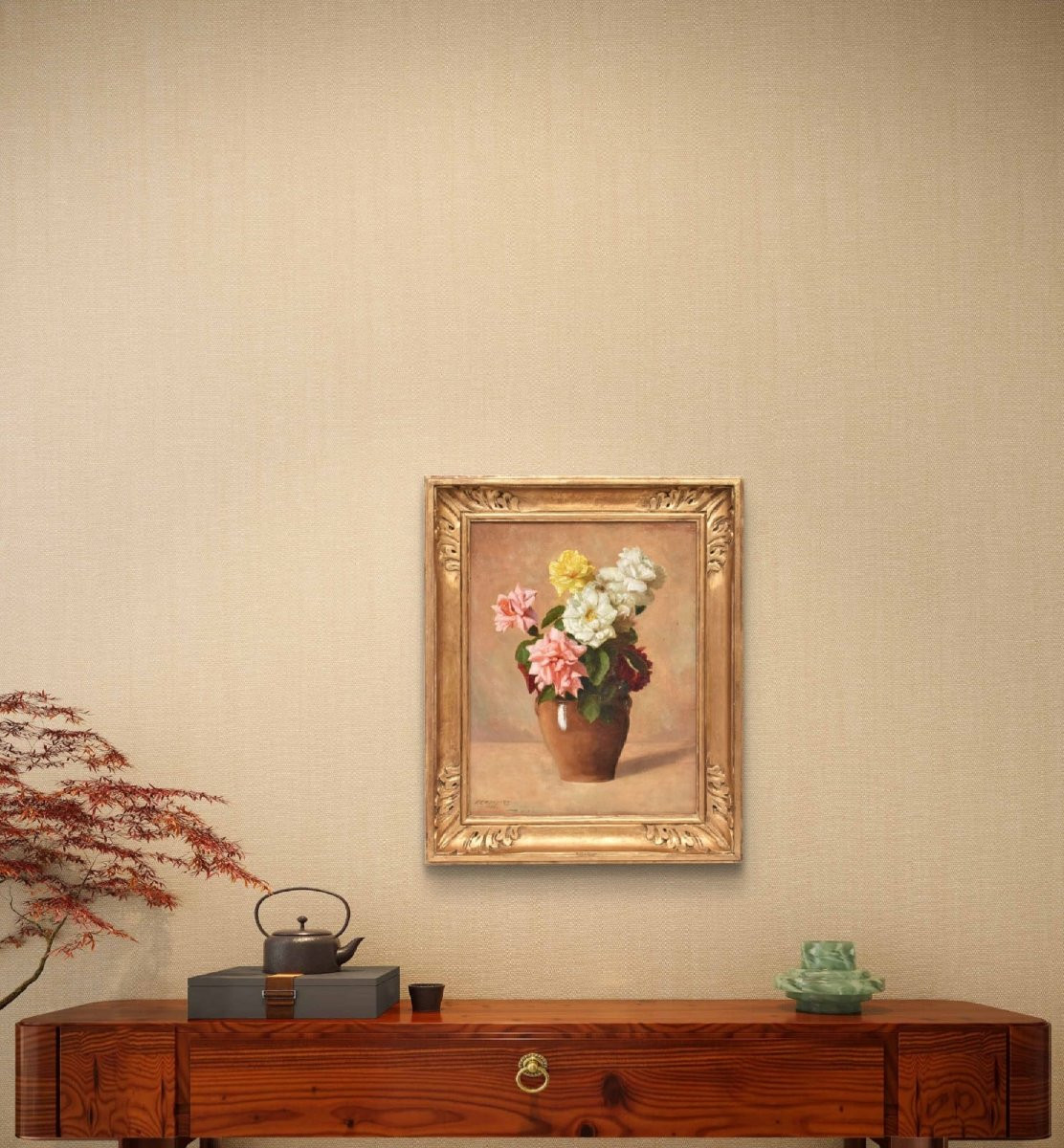 QUADRI ANTICHI, ART DECO, NATURA MORTA CON FIORI DI ROSE BIANCHE, OLIO SU TELA, XX.(QF668)-photo-2