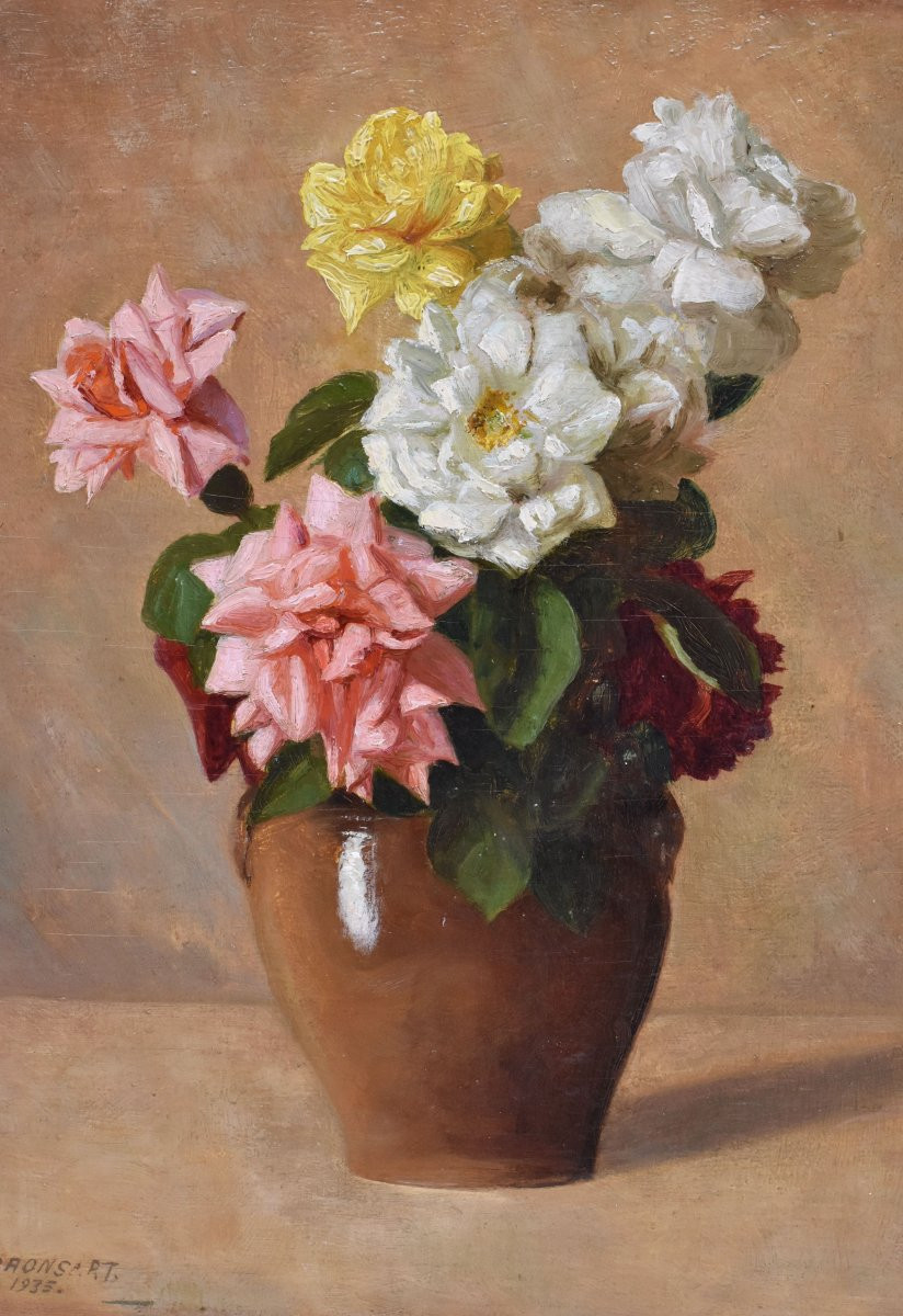 QUADRI ANTICHI, ART DECO, NATURA MORTA CON FIORI DI ROSE BIANCHE, OLIO SU TELA, XX.(QF668)-photo-3